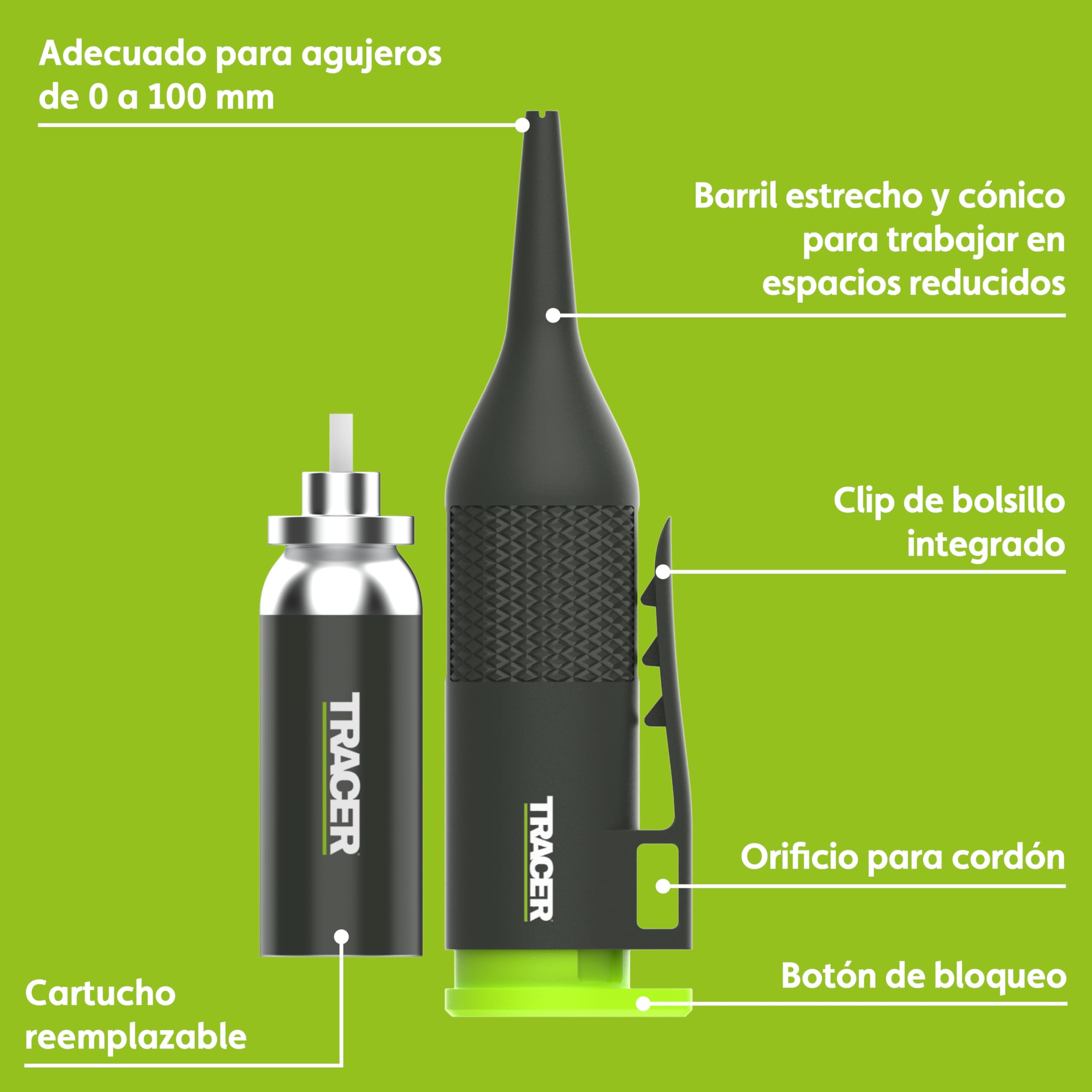 Tracer Marcador de Tiza Trueshot para Agujeros Profundos – Alcance de 100mm | Tiza Verde de Alta Visibilidad | Cartucho Reemplazable | Aplicación con Una Mano | Ideal para Construcción y Bricolaje