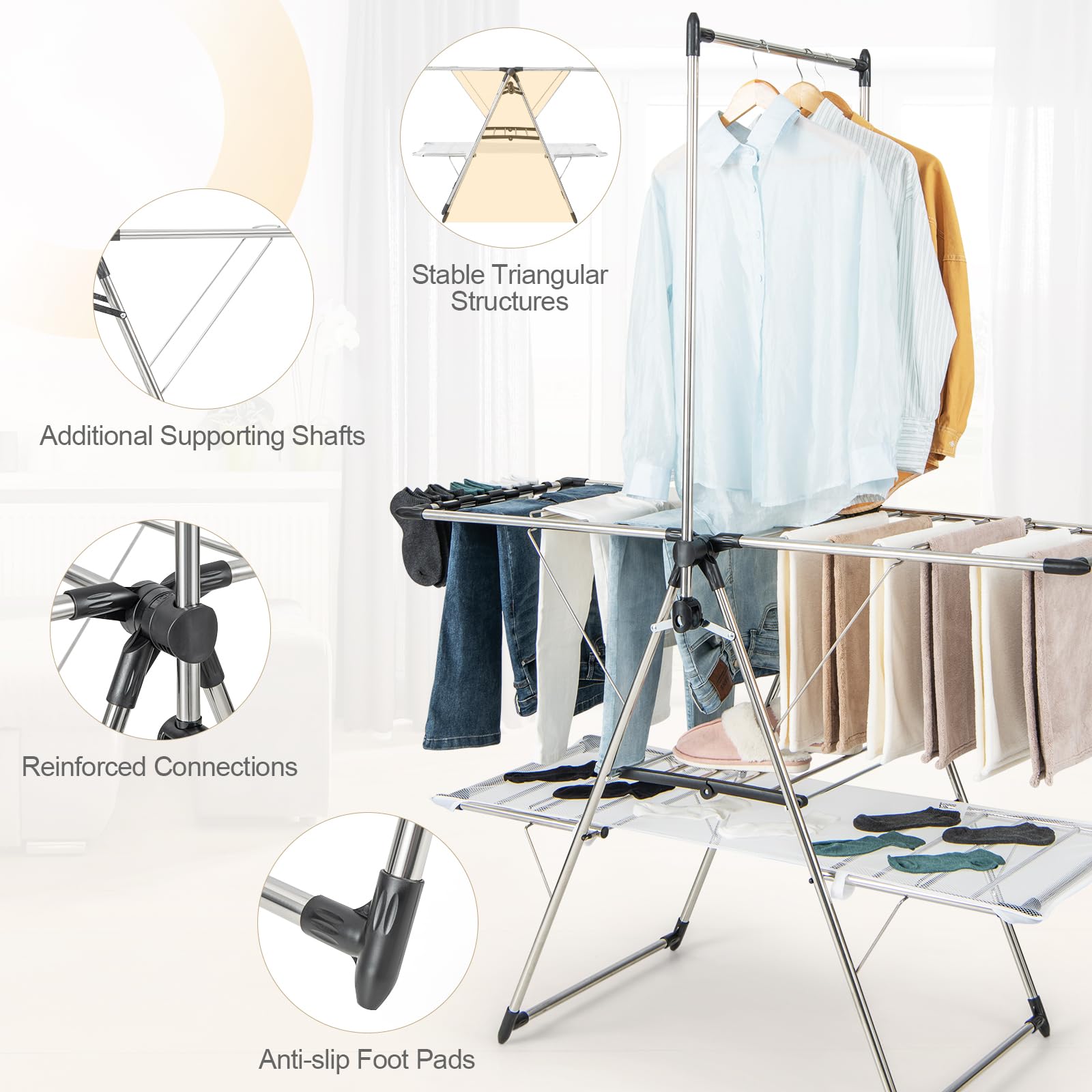Giantex Wäscheständer, faltbar, mit 2 Ebenen, zusammenklappbar, mit hoher Aufhängung, nützlichen Clips, stabiler Stahlrahmen, verstellbare Flügel, 70 – 140 cm, für drinnen und draußen