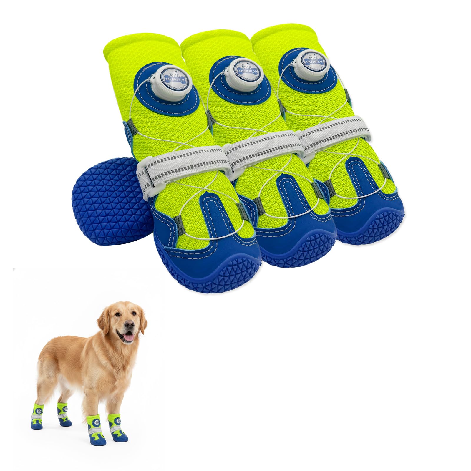 HUAFLY Dog Shoes for Large Dogs - Breathable Mesh Puppy Booties with Anti-Slip Sole, Paw Protectors for Hot Pavement Winter Snow Hiking Outdoor Walking with Reflective Straps (SIZE 4)