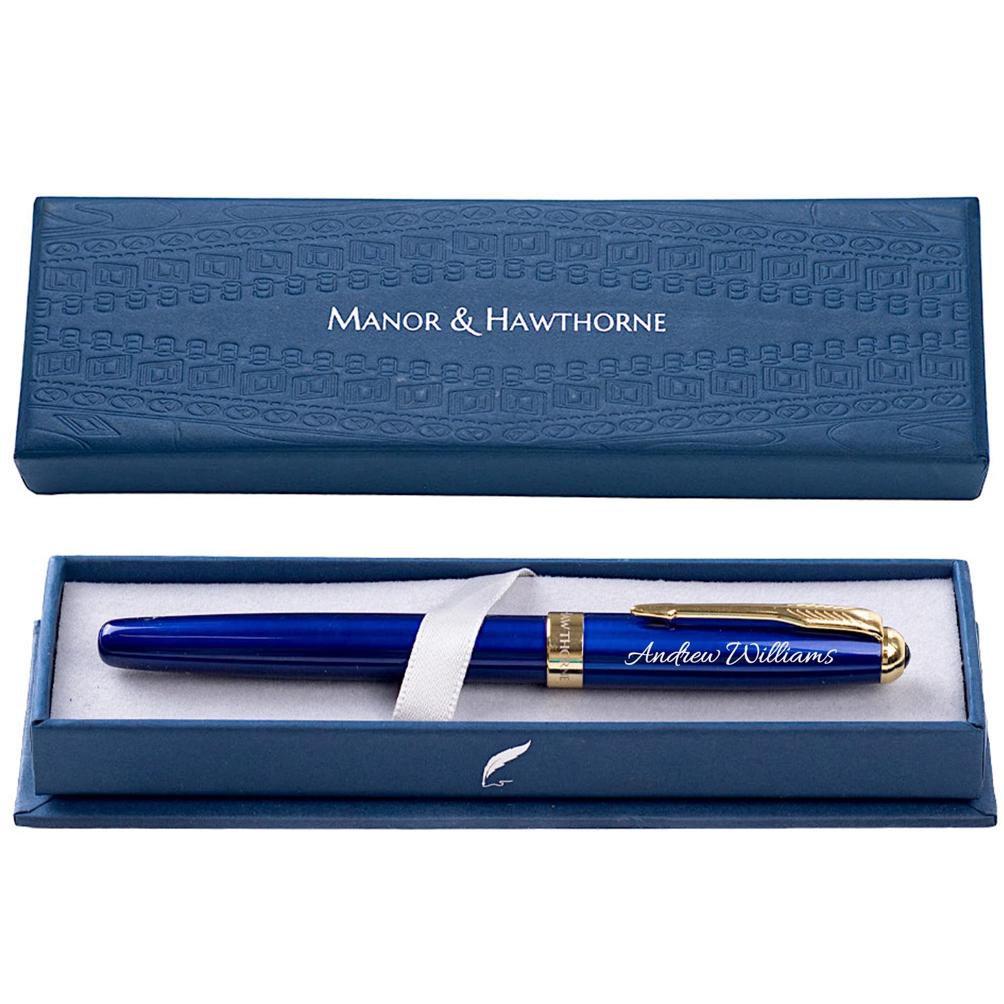 Manor & Hawthorne Luxury Personalised Fountain Pen - Premium Lacquer Finish with Gold Accents - Customizable Elegant Writing Instrument - Converter & Black and Blue ink (Blue (Personalised))