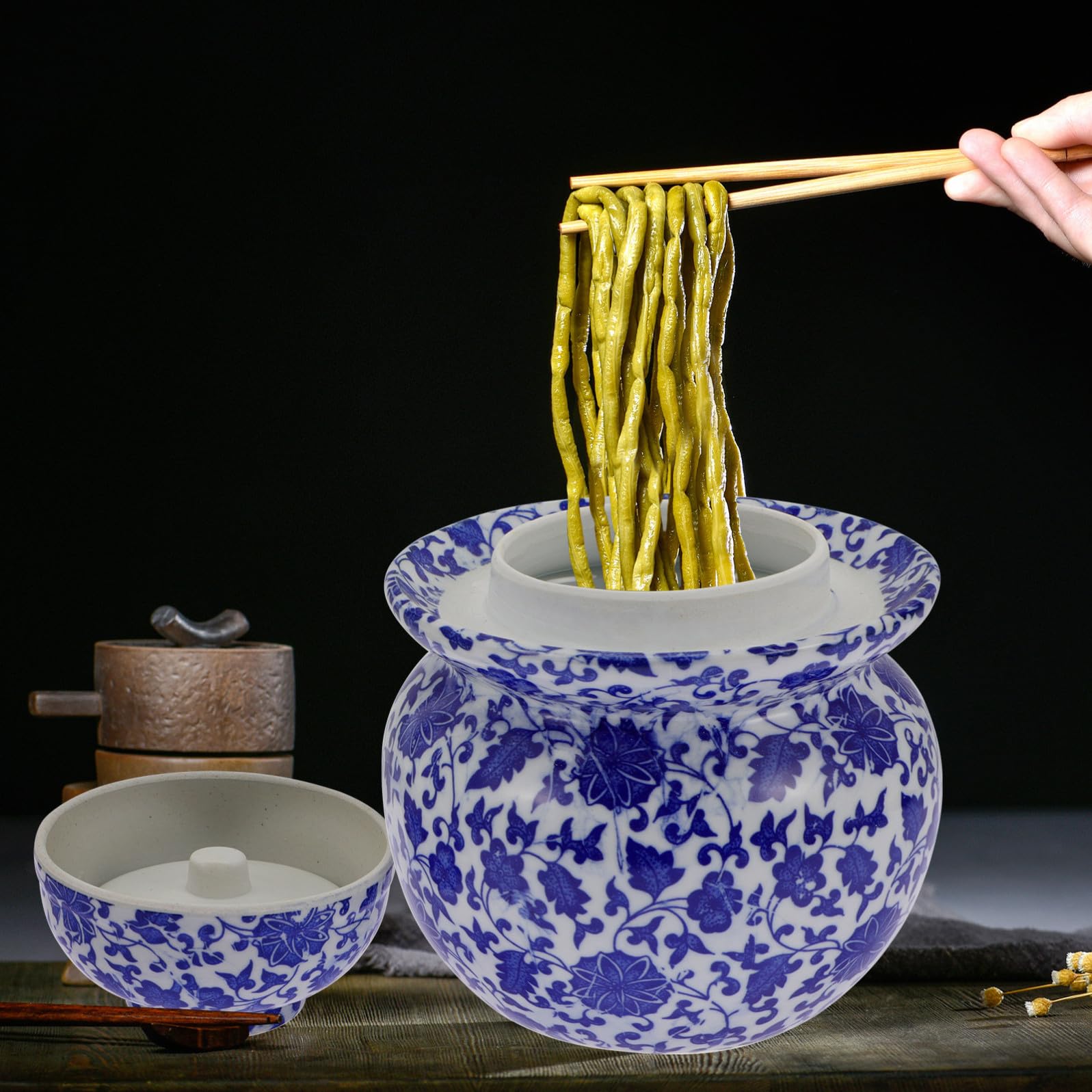 Barattolo per Alimenti in Ceramica Doppio Coperchio Ermetico, Vaso per Sottaceti Facile da Aprire e Chiudere, Contenitore Cucina per Conservazione Alimentare
