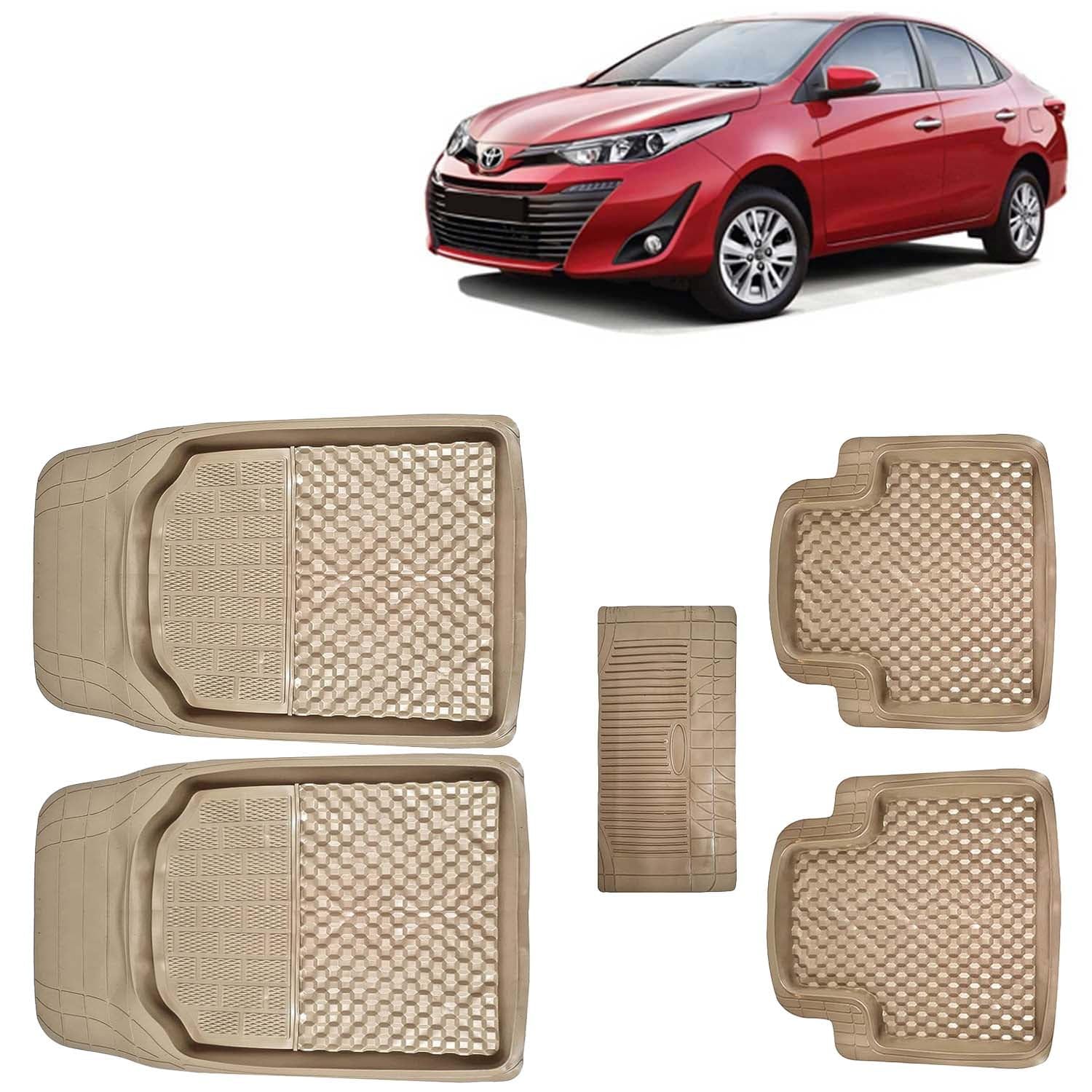 KINGSWAY 3G PVC Rubber Car Foot Mats Compatible with Toyota Yaris (Year 2018-2021), Universal Size Floor Mat, Complete Set of 5 Pcs, Waterproof and Washable, Beige Color