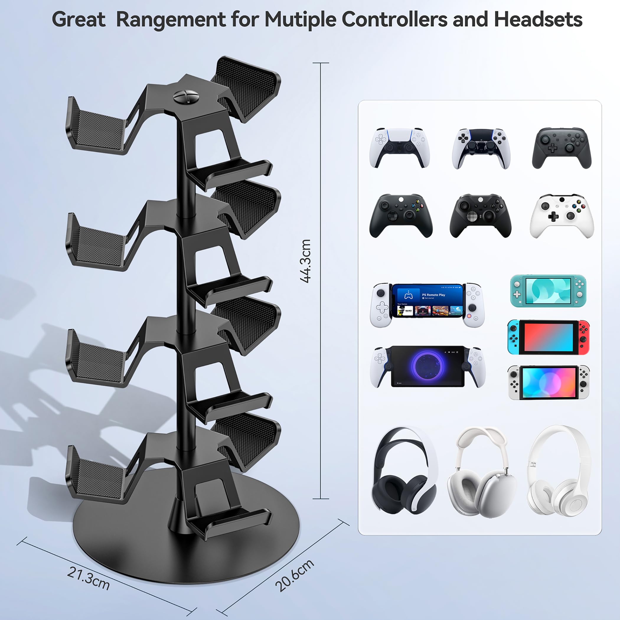Stojak na słuchawki 3 poziomy na biurko, obrotowy stojak na kontroler do gier na PS5/PS4/Xbox/Switch2/PS Portal/telefon, uniwersalny kontroler akcesoriów dla graczy, uchwyt na słuchawki do 9 opakowań