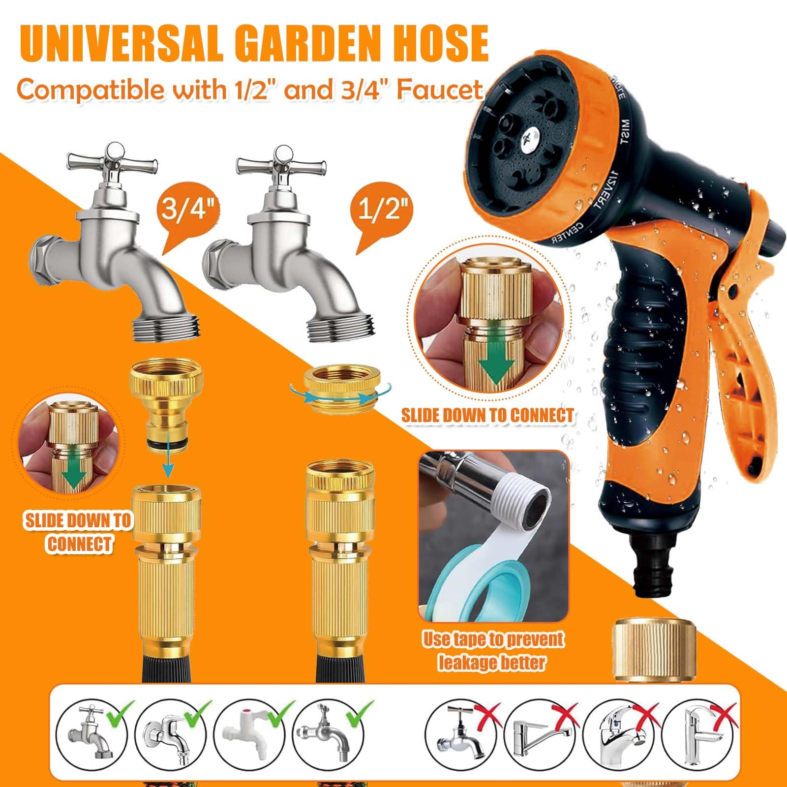 Tubo da Giardino Estensibile 30M – Raccordi Universali 1/2" e 3/4" Anti-Perdita, Tubo Acqua Flessibile, Pistola 10 Funzioni per Auto e Giardinaggio (Arancione)