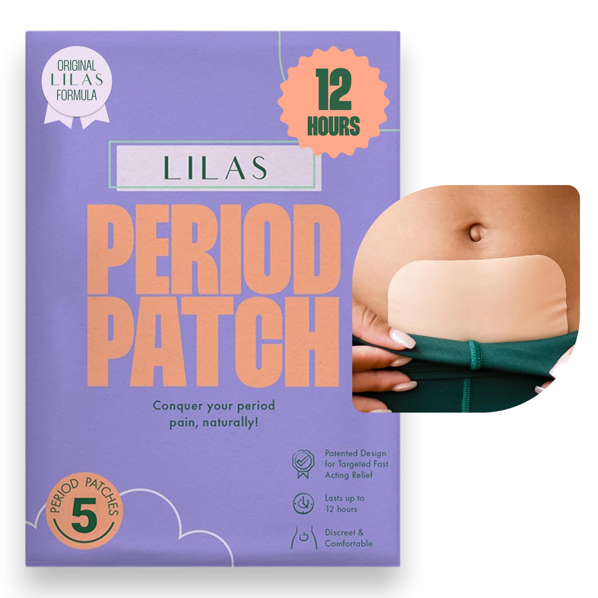 LILAS Period Cramps Pain Relief Patch, 5 Pack | Instant Relief for Menstrual Cramp, PMS, Endometriosis & PCOS | 12-Hour Comfort | Natural & Vegan Topical Patches | Trusted Formula & Upgraded Design