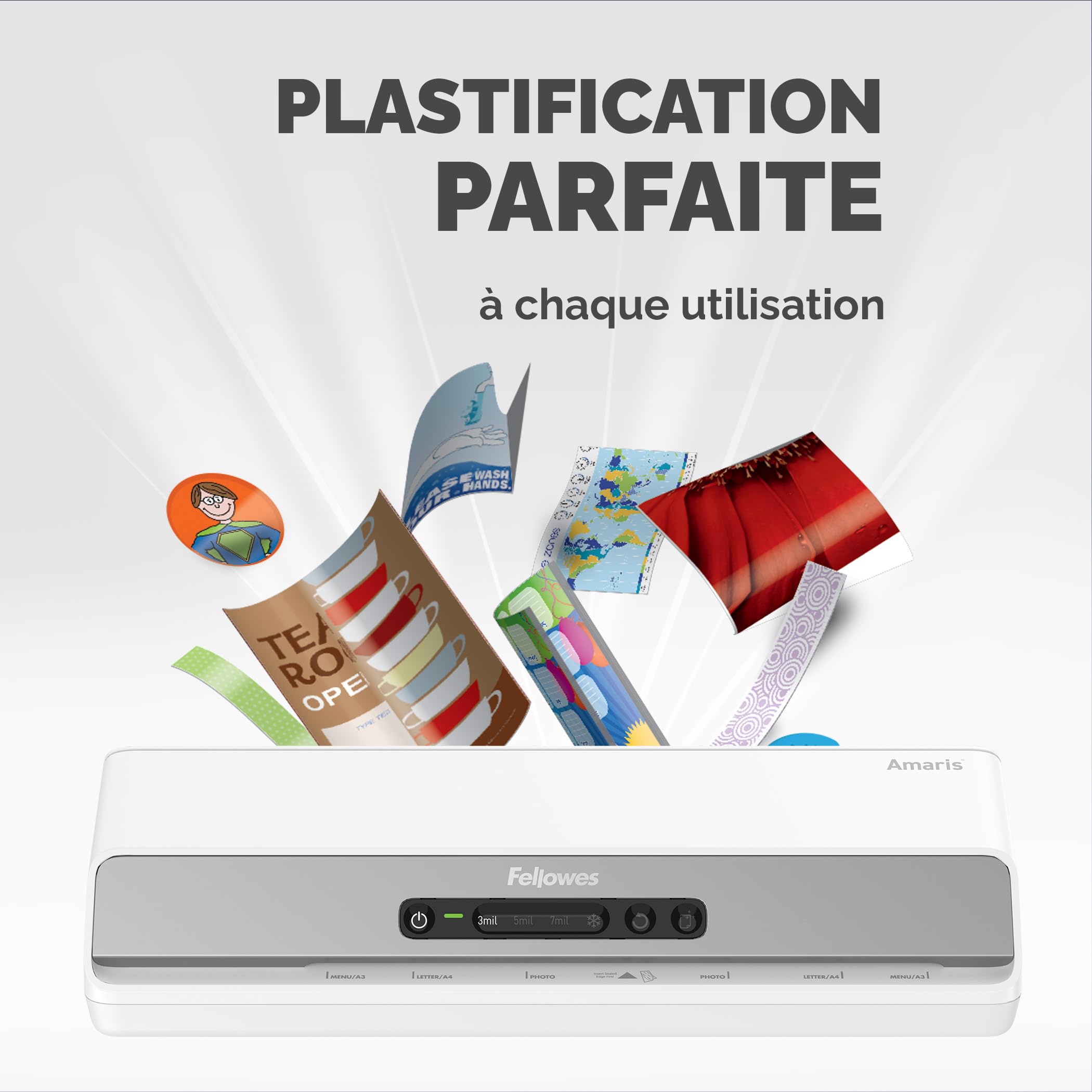 Fellowes Plastifieuse Amaris A3, Chauffe Rapide 1 Min, Arrêt Automatique, Mode Veille, InstaHeat, 80-175 Microns, 10 Pochettes A4