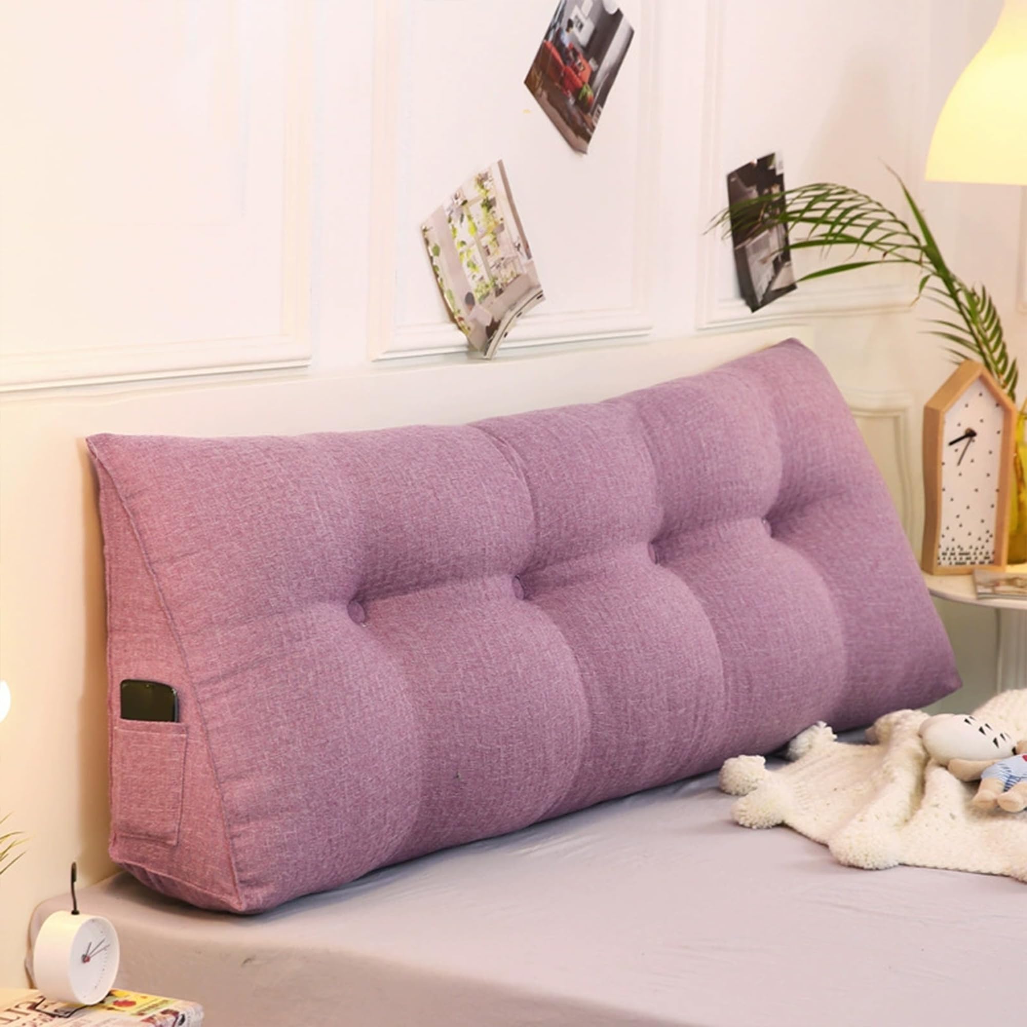 DUOLEH Wedge Lumbar Pillows, Headboard Backrest, Waist Backrest, Reading Pillow with Side Pockets, Lumbar Support Cushion, Triangular Wedge Cushion for Sofa, Bed (120x50x20cm,Purple)