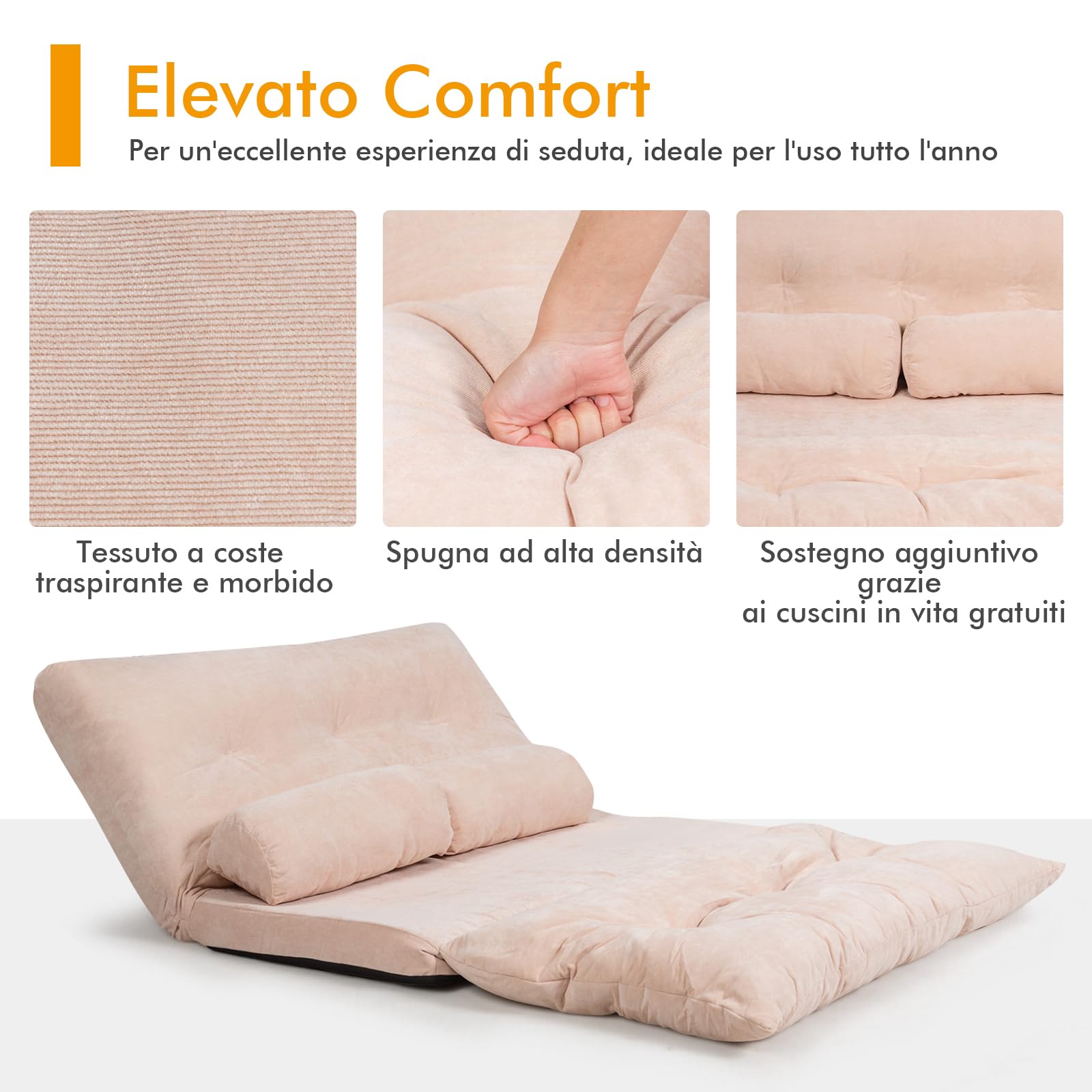 RELAX4LIFE Divano Letto da Terra Pieghevole con 2 Cuscino Lombare, Fodera in Velluto a Coste, Schienale Regolabile in 6 Posizioni, per Soggiorno, Camera da Letto e Balcone (BEIGE)