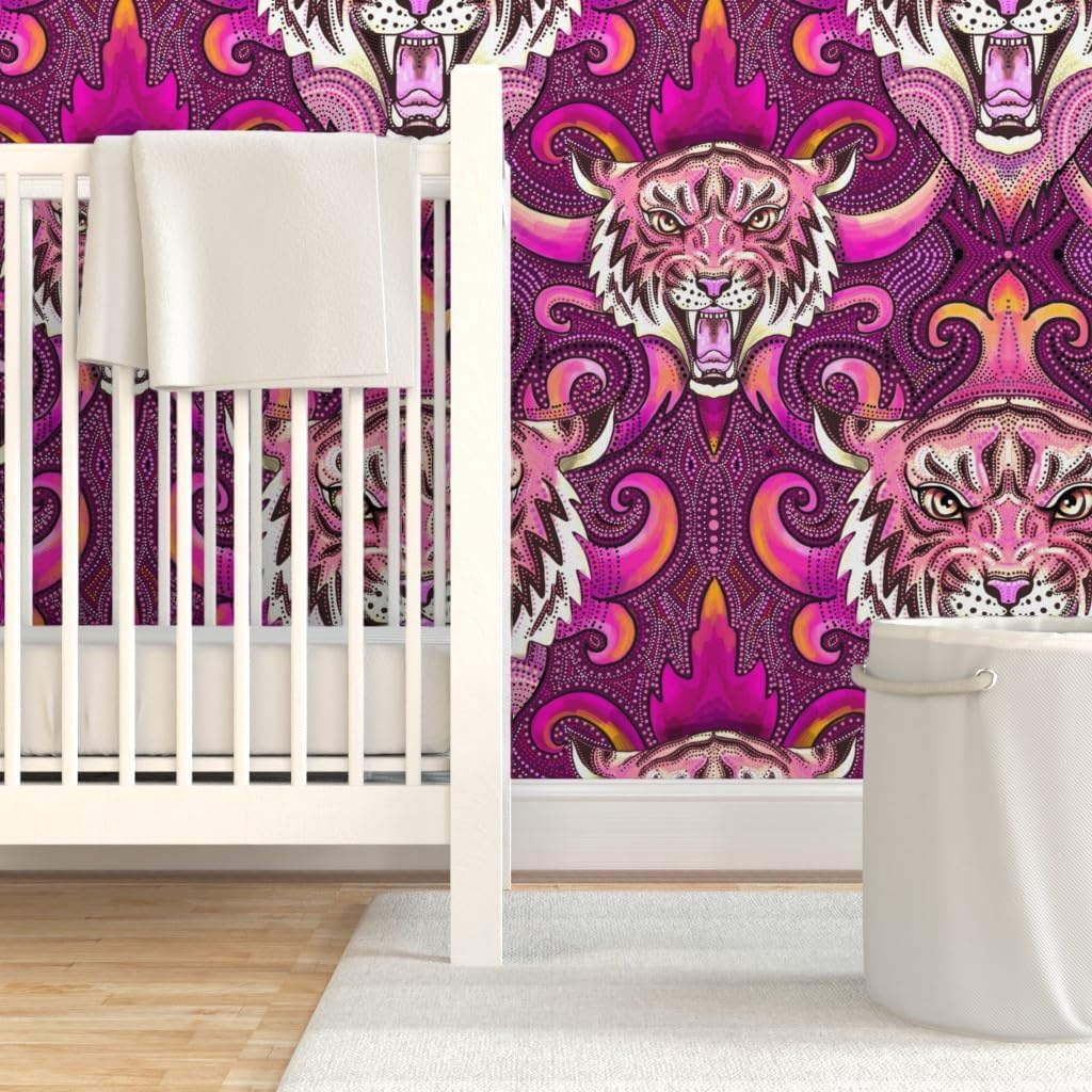 Peel & Stick Wallpaper 3ft x 2ft - Pink Tigers Purple Orange Maximalist XL Jungle Custom Removable Wallpaper by Spoonflower