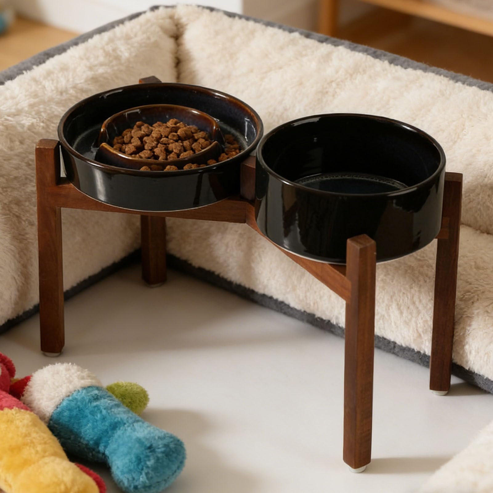 Cuenco de Cerámica para Gatos con Comedero Lento con Base de Madera Elevada, Comedero Elevado para Gatos Antideslizante y Fácil de Limpiar para Comida Seca y Húmeda (I. 1 Yen + h. AIN bul)