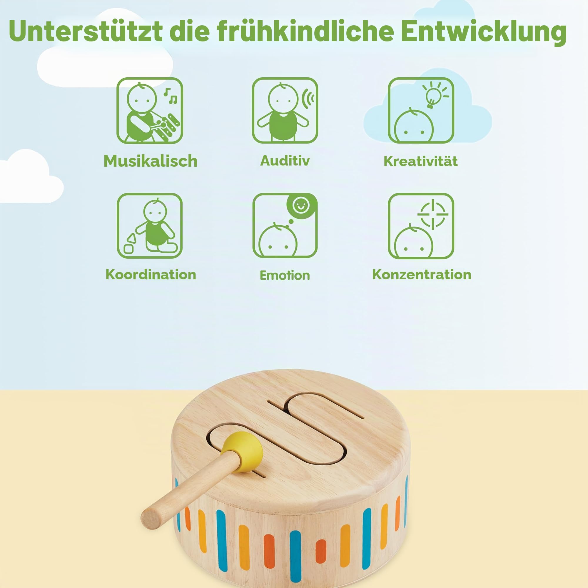 PlanToys Schlagzeug Kinder - Trommel Kinder - Musik Spielzeug ab 1 Jahr - Kindertrommel aus Holz - Kinderschlagzeug inkl. Trommelstock mit Gummikopf -Beige (Beige)