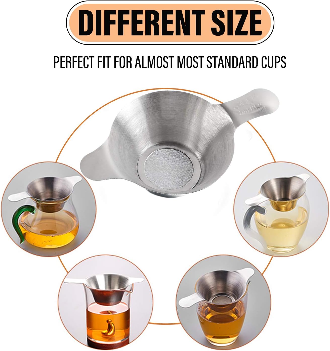 AUEAR, 2 Pack Different Size Stainless Steel Mini Strainer Fine Mesh Tea Funnel Tea Coffee Filter with Double Handles