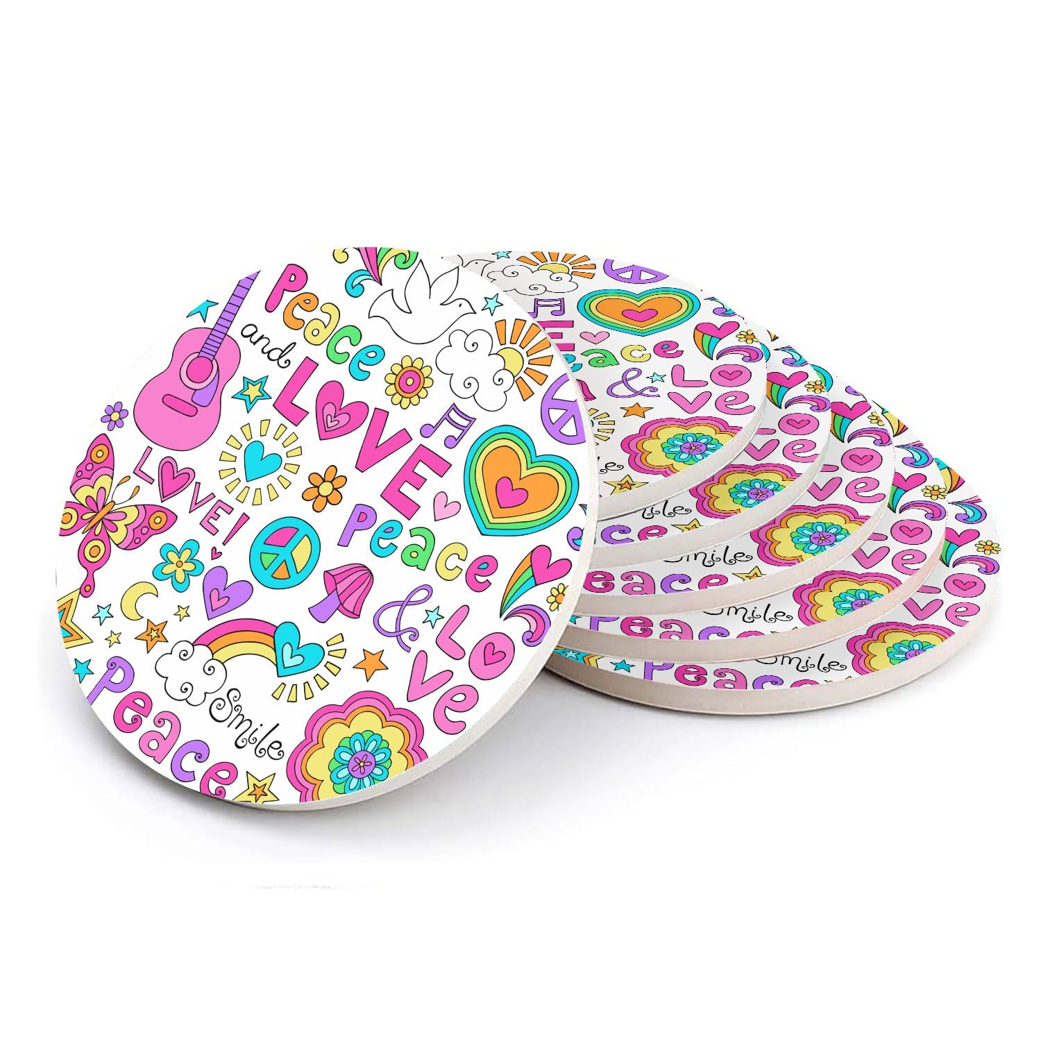Sous-verre ronds en céramique hippie : idée cadeau vintage lot de 6 pour mélomanes