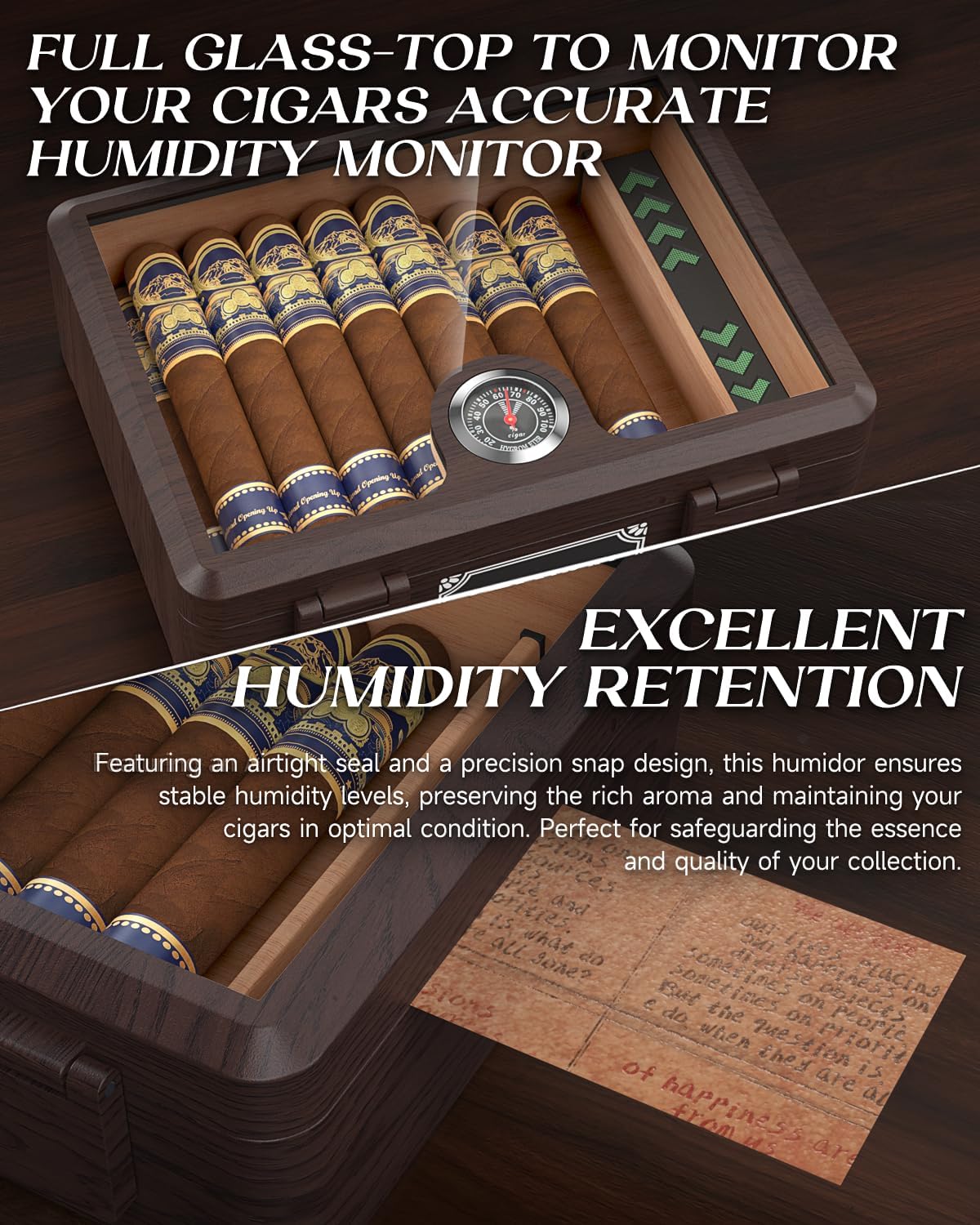 Cigar Humidor, Glass top Cigar Case with Straight Cutter Guillotine, V Cut, Punch Tool, Spanish Cedar Wood Lining Case, Crush-Proof Storage Box with Humidifier & Hygrometer - Image 4