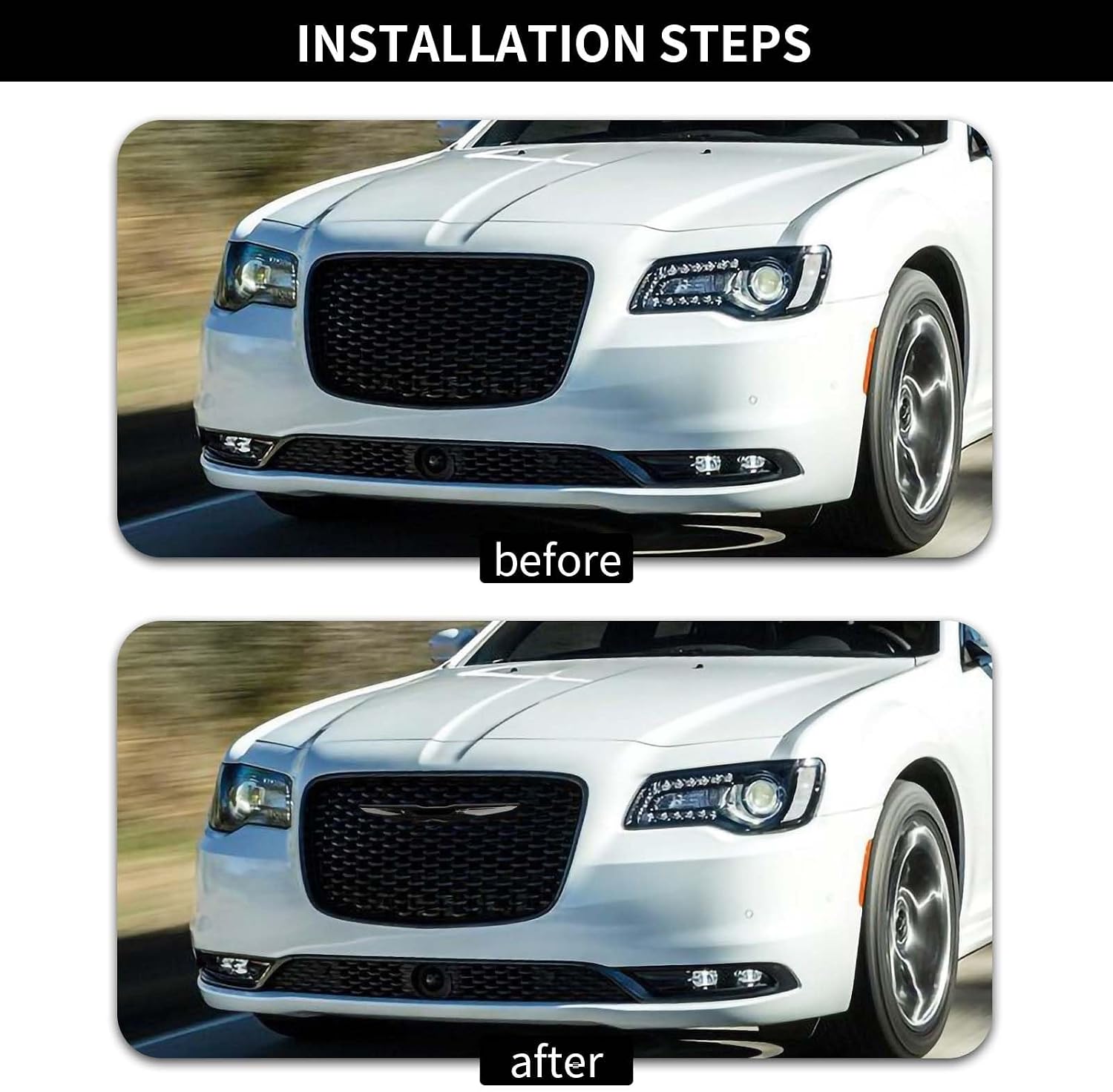 Front Bumper Center Grille Emblem Cover Grill Badge Molding Trim Compatible with 2015-2022 Chrysler 300 300C, Black