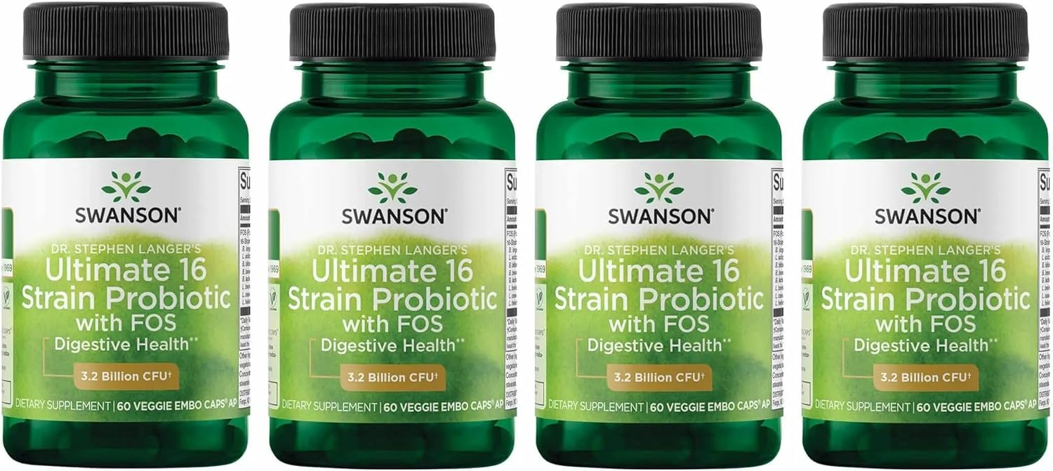 Swanson Dr. Stephen Langer's Formula - Natural Probiotic w/Prebiotic FOS - 16-Strain Supplement Promoting Digestive Support w/ 3.2 Billion CFU per Capsule - (60 Veggie Capsules) 4 Pack