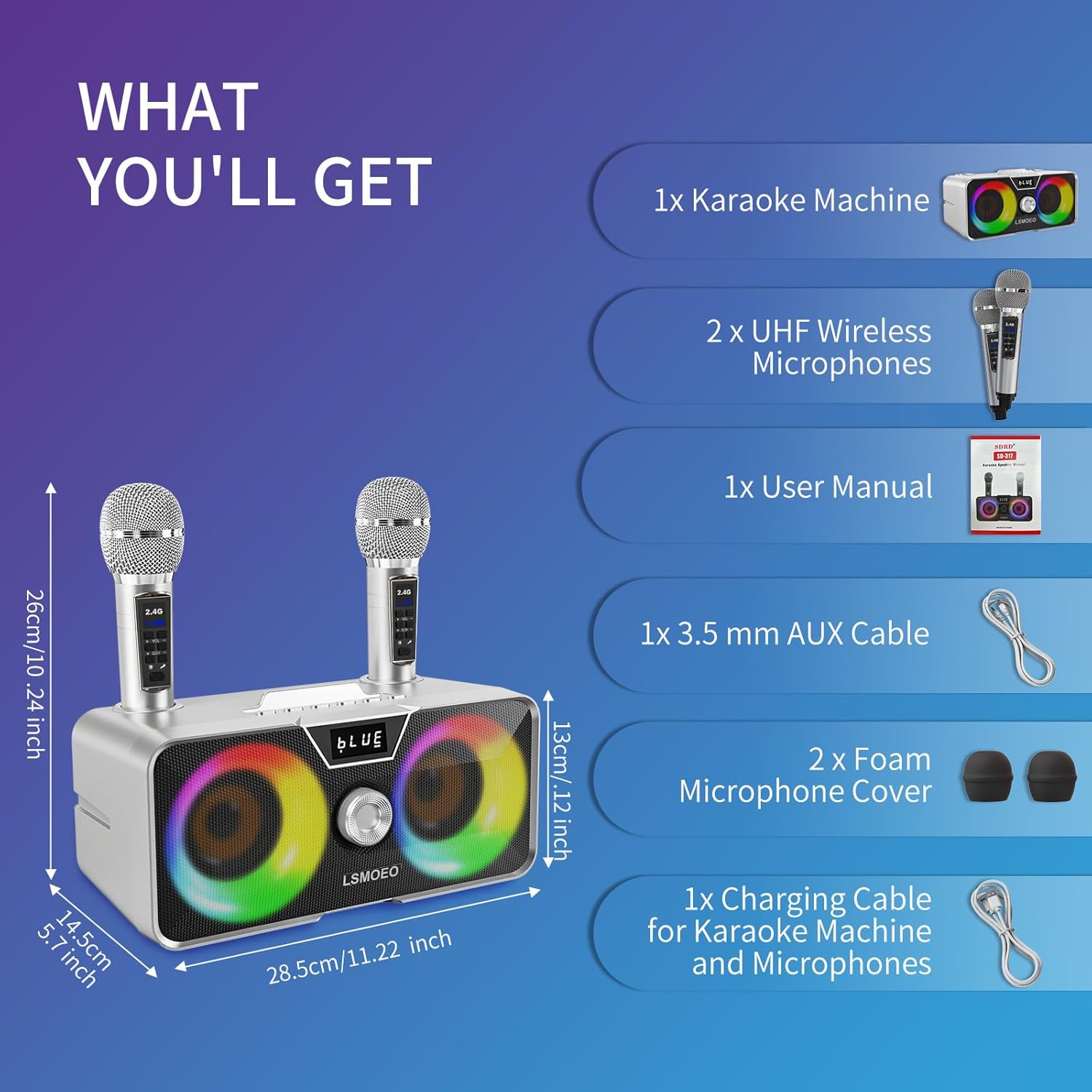 Karaoke Machine for Adults and Kids with 2 UHF Wireless Microphones,Portable Bluetooth Speaker PA Speaker System with LED Party Lights for Home Party, Picnic,Car,Outdoor/Indoor/Birthday Gifts - Image 6