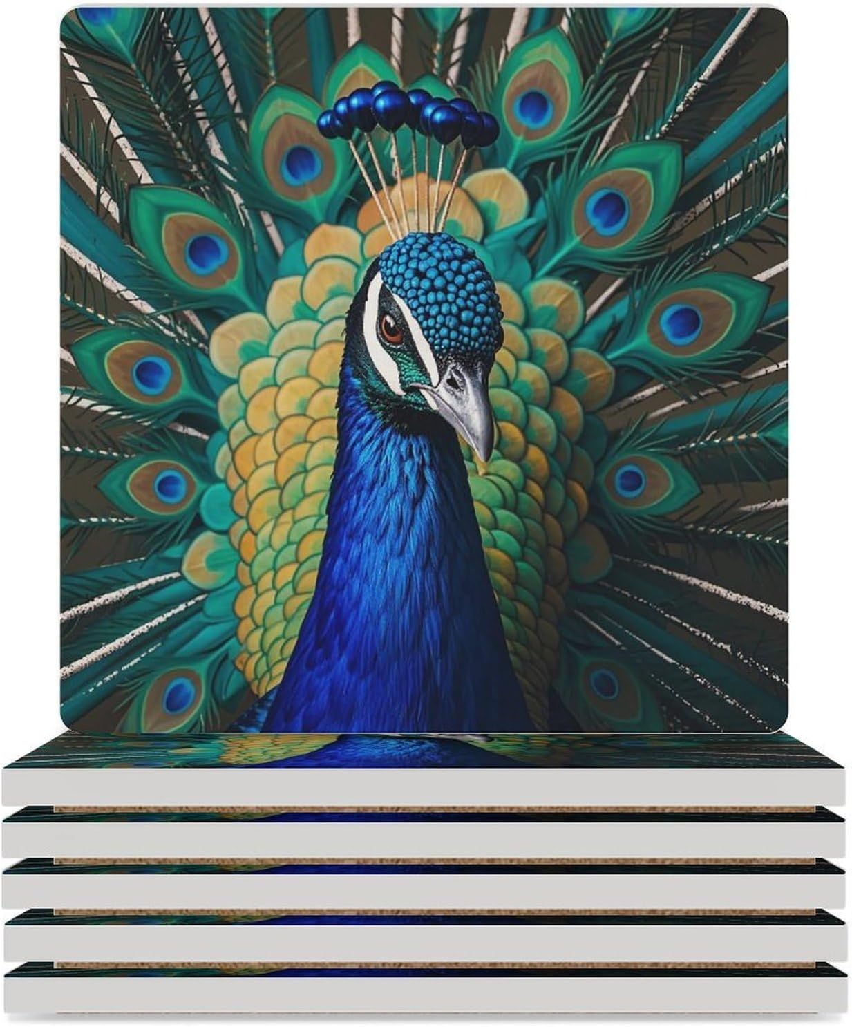 Blue Peacock Coasters Absorbent Ceramic Coasters for Drinks Coaster with Cork Backing for Table Protection Square Drink Cup Mat Modern Style Coaster for Coffee Table
