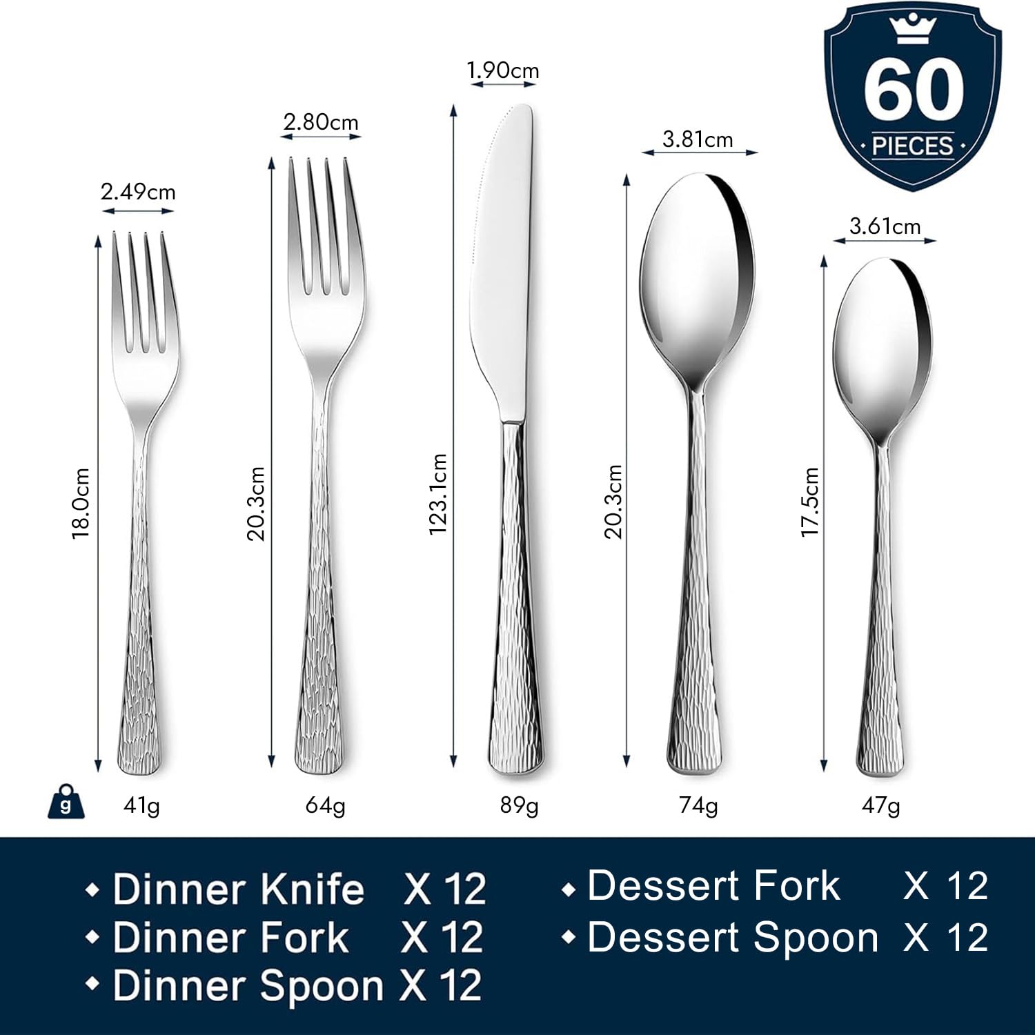 HIKAA Besteck Set 12 Personen, 60-Teiliges Gehämmert Essbesteck, 18/10 Premium Edelstahl Besteckset mit Einzigartigem Wellenmuster-Design, Cutlery Set Hochglanzpoliert – Spülmaschinenfest (Silber)