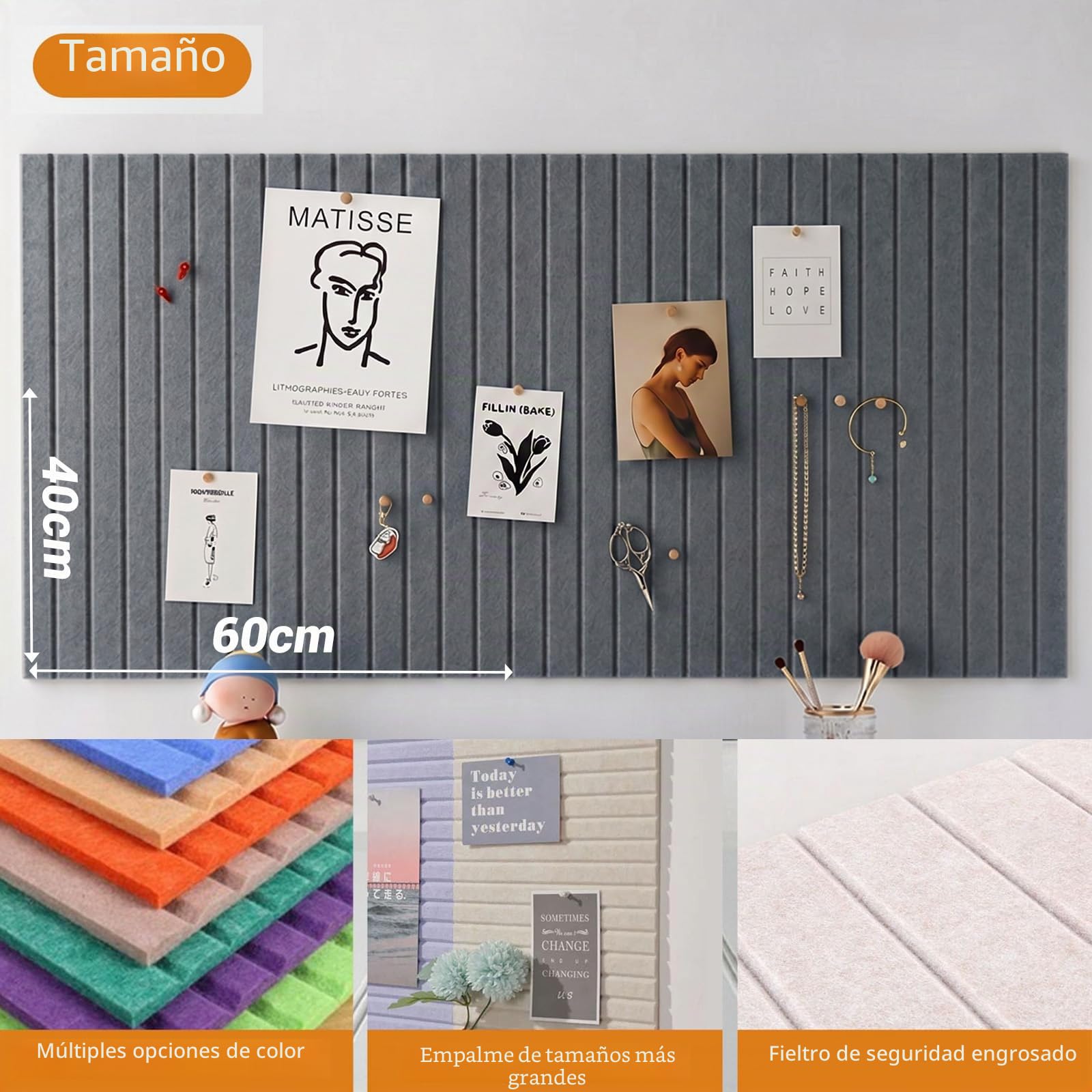 Tablón de anuncios de fieltro grande, autoadhesivo, 60 x 40 cm, tablero decorativo de fieltro, 0,9 cm de grosor, pizarra plegable para fotos, tableros de notas, tableros de anuncios, decoración de