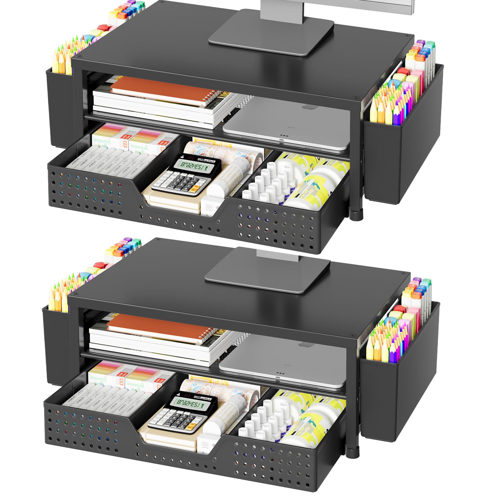 OPNICE Desk Organizer and Accessories 2-Tier Computer Monitor Stand Riser with Drawer and 2 Pen Holders Laptop Stand