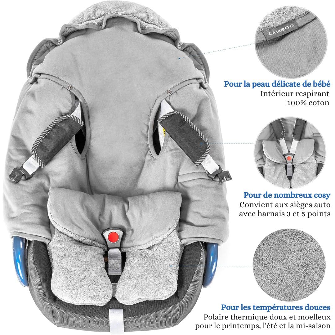 Zamboo Couverture Enveloppante Bébé Siège Auto avec Pieds - Nid d'ange Bebe Léger pour Cosy (par ex. Bébé Confort, Cybex, Römer) et Landau, Sac Inclus - Gris