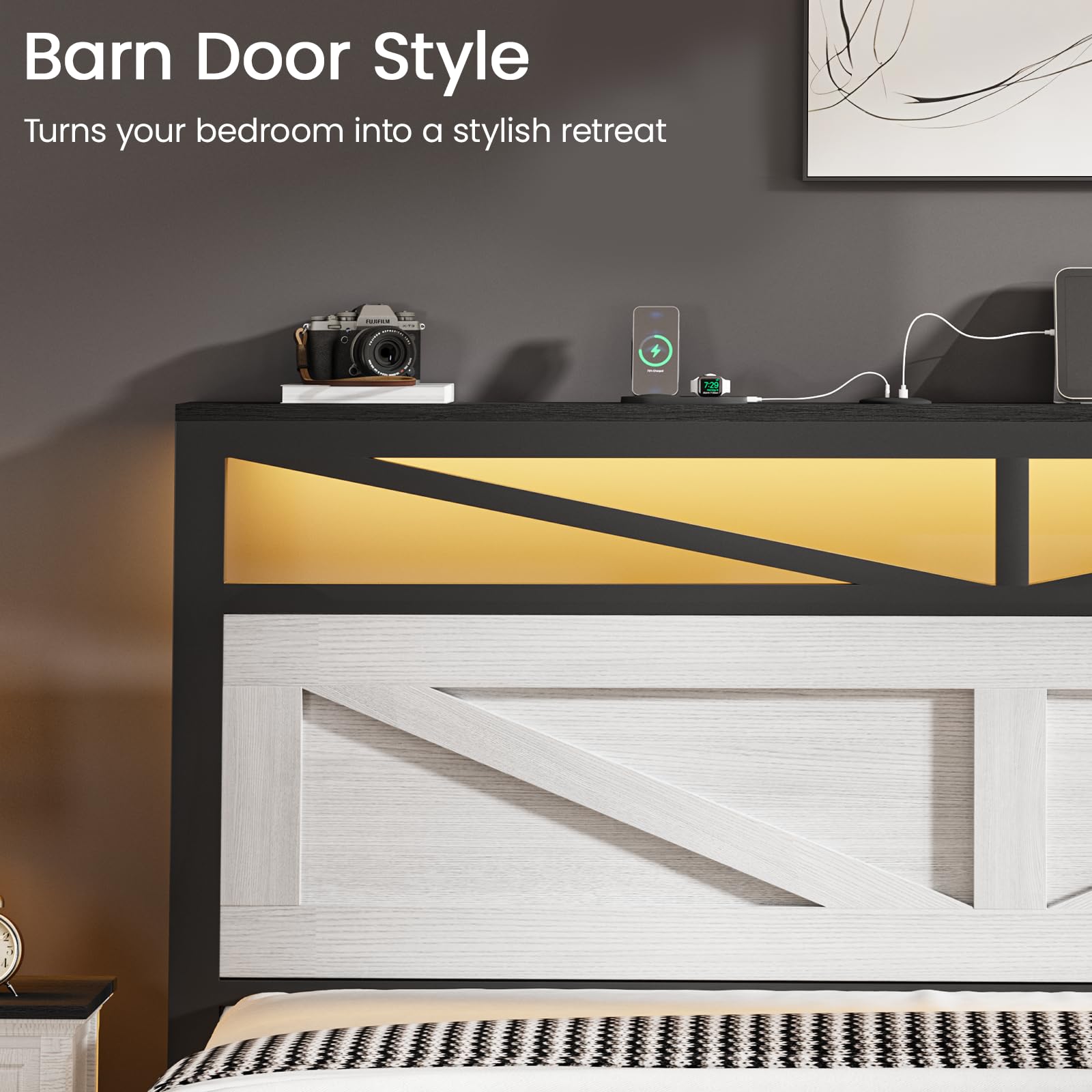 PROZENBDING Cadre de lit Double 160x200 avec LED et USB, Blanc | cadre de lit bois, rangement intégré, lit avec sommier à lattes – sans matelas,