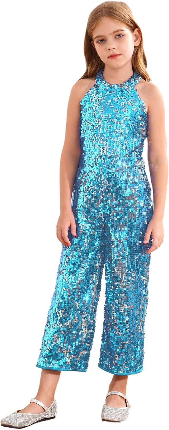 JEYPINMI Girls Sequins Jumpsuits Kids Sparkly Party Rompers Gown Halter Sleeveless Latin Jazz Dance Costume