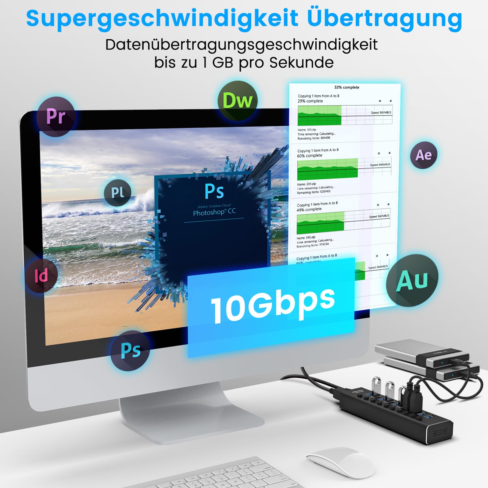 RSHTECH Hub USB Activo 3.0 con Fuente Alimentación 10Gbps 10 Puertos de Aluminio USB 3.1 Hub con 2 Cables(Tipo C y Tipo A), Interruptores LED y Adaptador Alimentación 36W(12V/3A), RSH-A10S