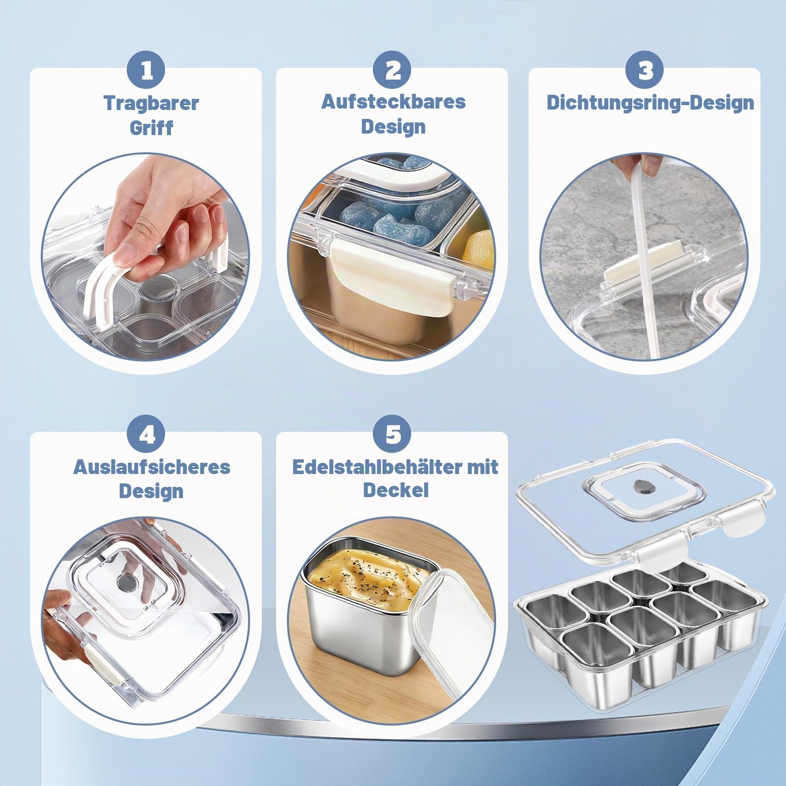 Snackbox mit 8 Edelstahl Fächern Snacktablett mit Griff und Deckel,