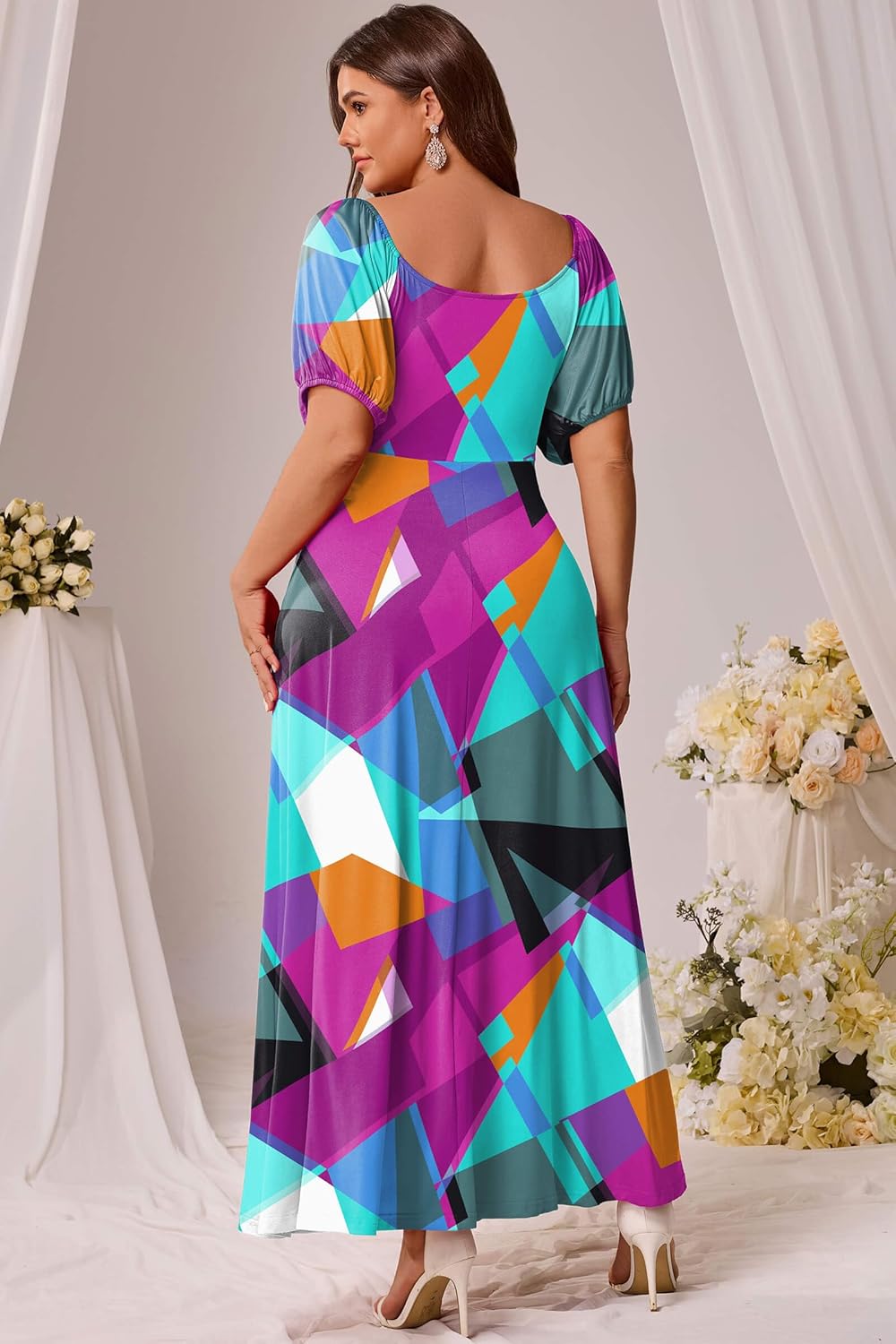 FANDEE Plus Size Maxi Dress for Women Casual V Neck Printed Long Dresses Puff Sleeves Long Beach Dress - Image 6