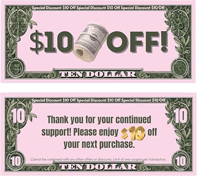 50pcs $10 Gift Voucher, Cash Coupon Loyalty Reward Cards for Small Business, Client Appreciation Thank You Coupons, Money-Style Discount Certificates
