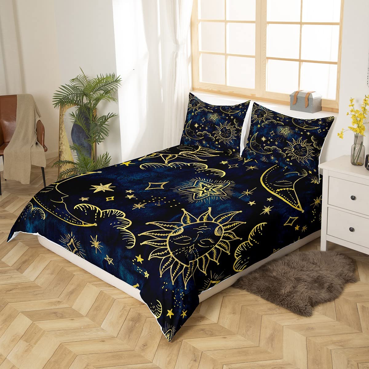 richhome Moon Star Sun Duvet Cover Set Double for Kids Adult Bedroom Navy Blue Golden Soft Comforter Quilt Cover Cartoon Universe Bedspread Cover Bedroom Collection 3Pcs Bedclothes - Image 4