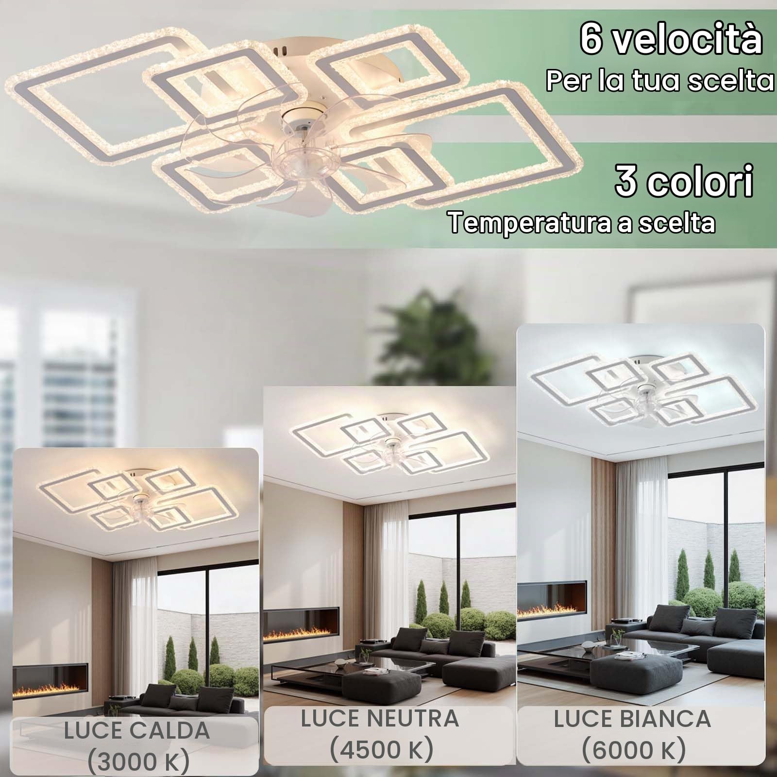 LED Ventilatore da Soffitto con Luce 6 Velocità Reversibile Silenziosa Temperatura a 3 Colori Luce Dimmerabile Plafoniera con Ventilatore DotatoTelecomando e ControlloTramite APP ，Bianco