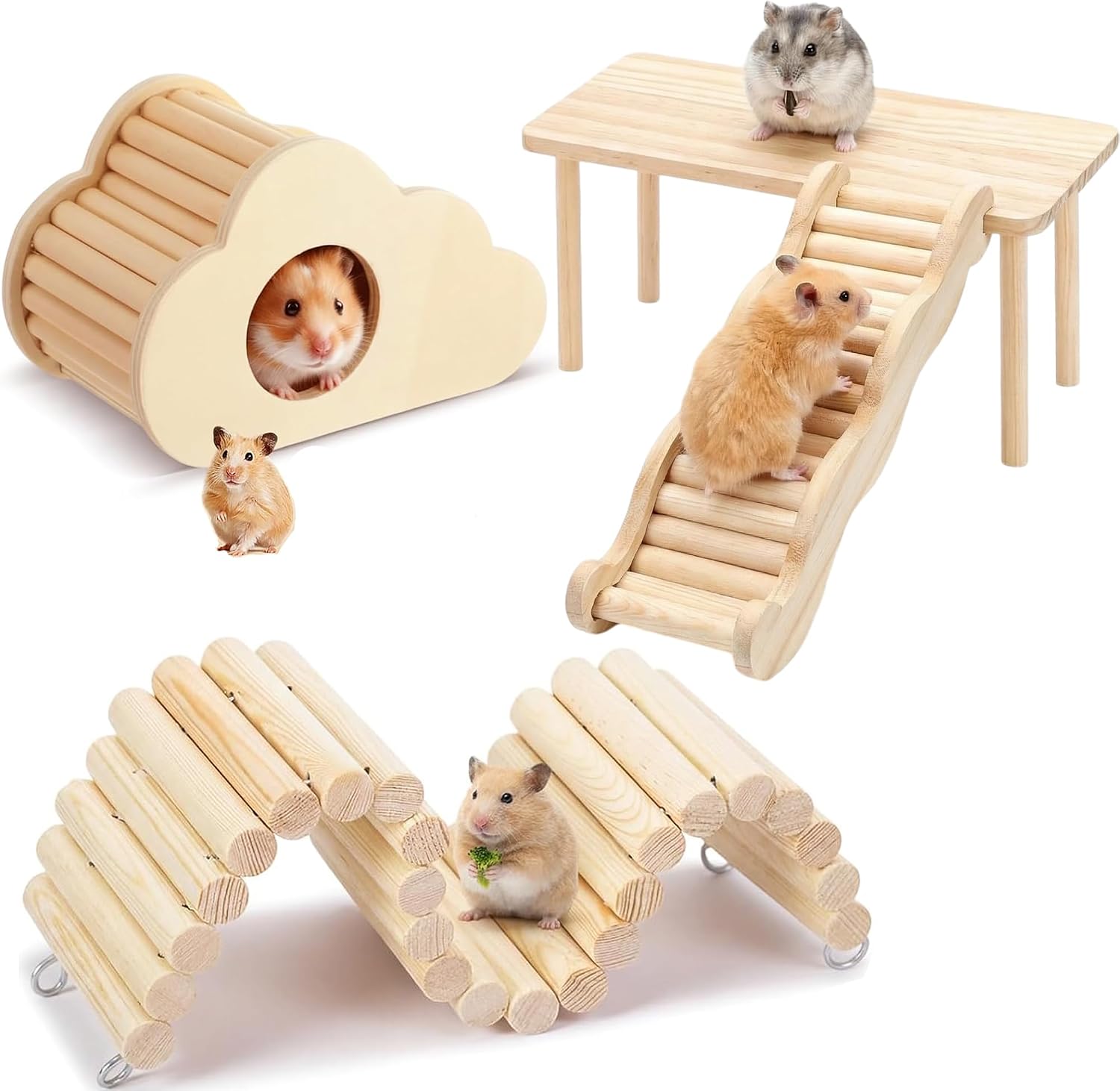 4 Pcs Hamster Platforms Wooden Ladder Bendy Bridge Fence Hidden Play House Hamster Game Climbing Toy with Platform Decor Cage Accessories for Dwarf Syrian Mice Degus Gerbils Squirrel Small Pets