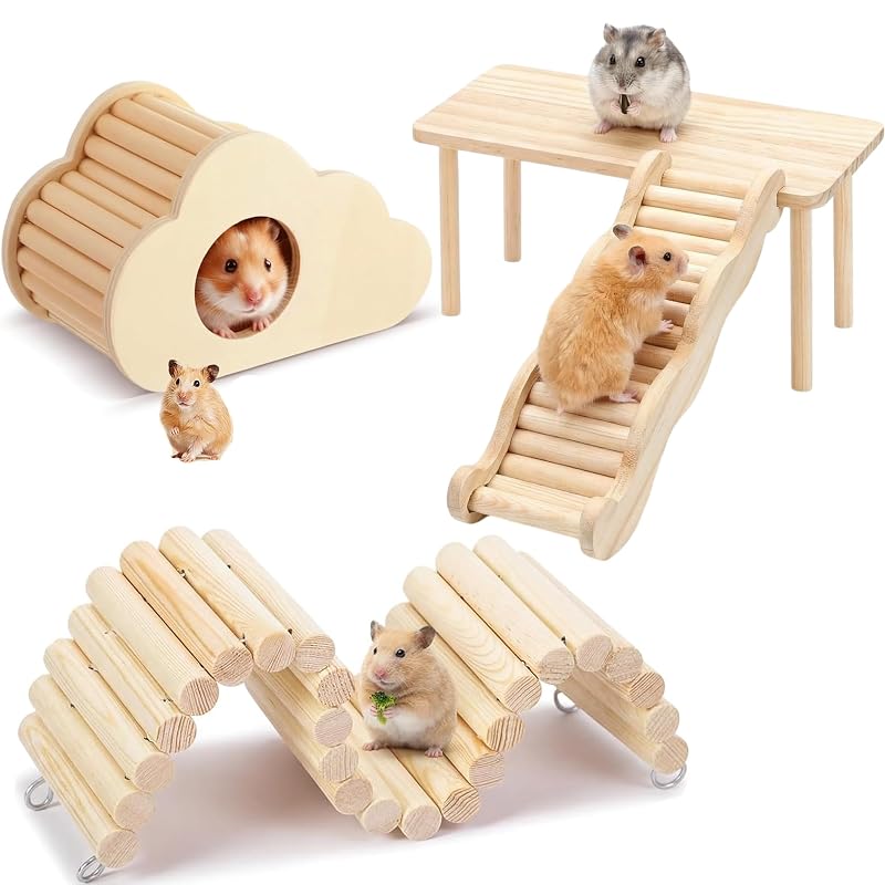 Brinquedo de Madeira para Hamsters BILYSKEP com Plataforma, Pontes e Esconderijo, Conjunto com 4 peças