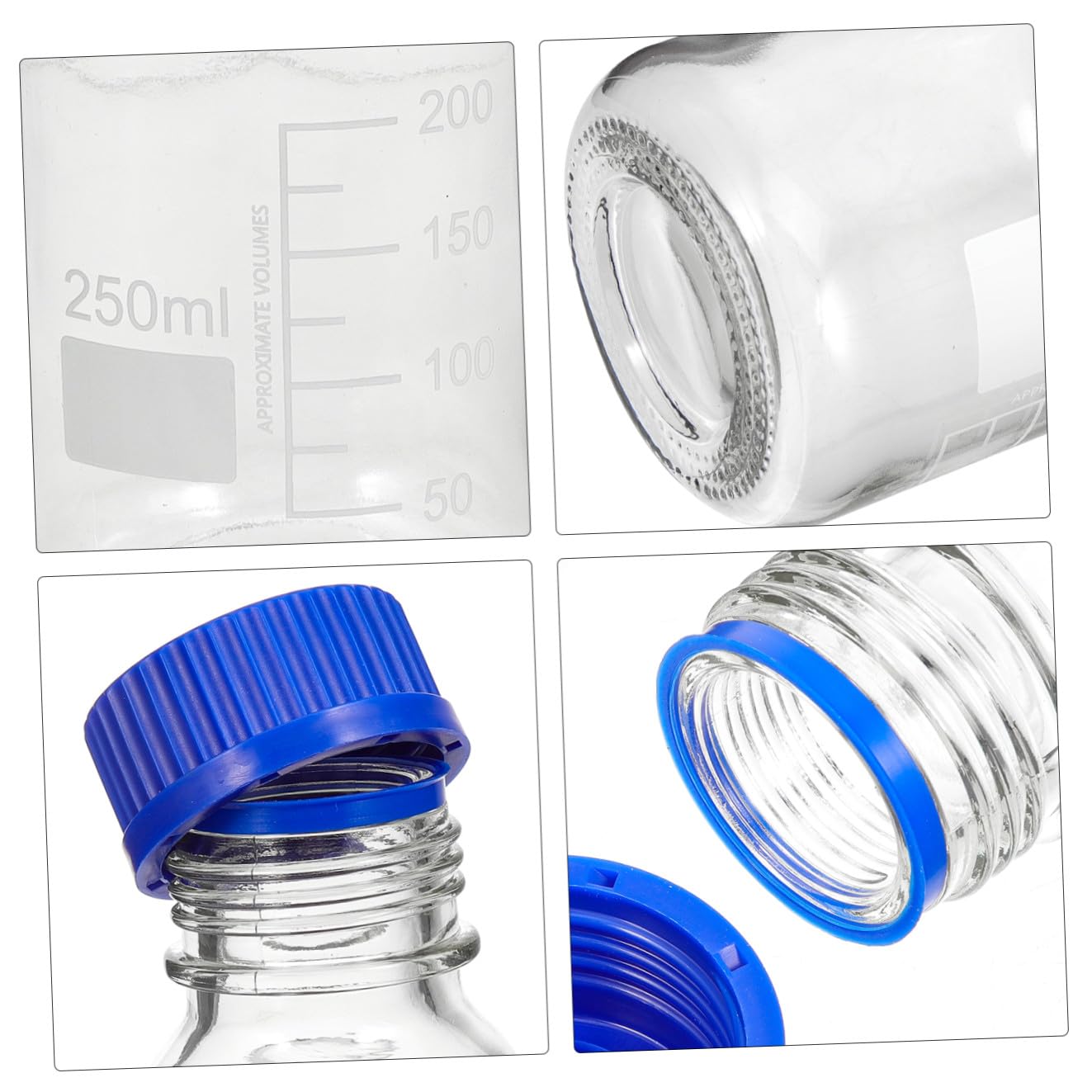 Mobestech Confezione 4 Pezzi Bottiglie di Reagente in Vetro 250ml con Tappo a Vite Blu, Design Graduato e Leggero per Laboratorio e Fabbrica