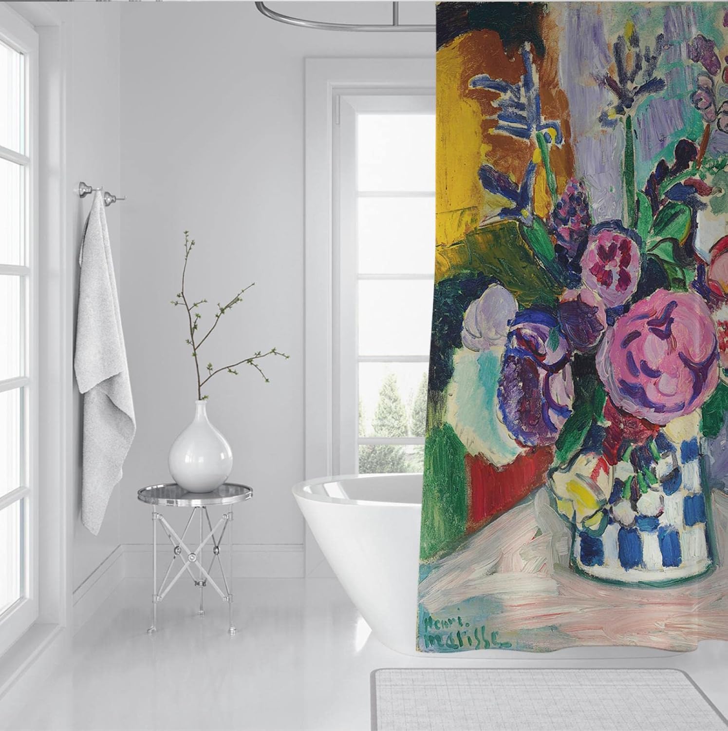 Henri Matisse Shower Curtains Watercolor Flowers Shower Curtain Decor Set Separate Wet and Dry Bathroom Curtain Set with Hooks Pink 36x72 inch