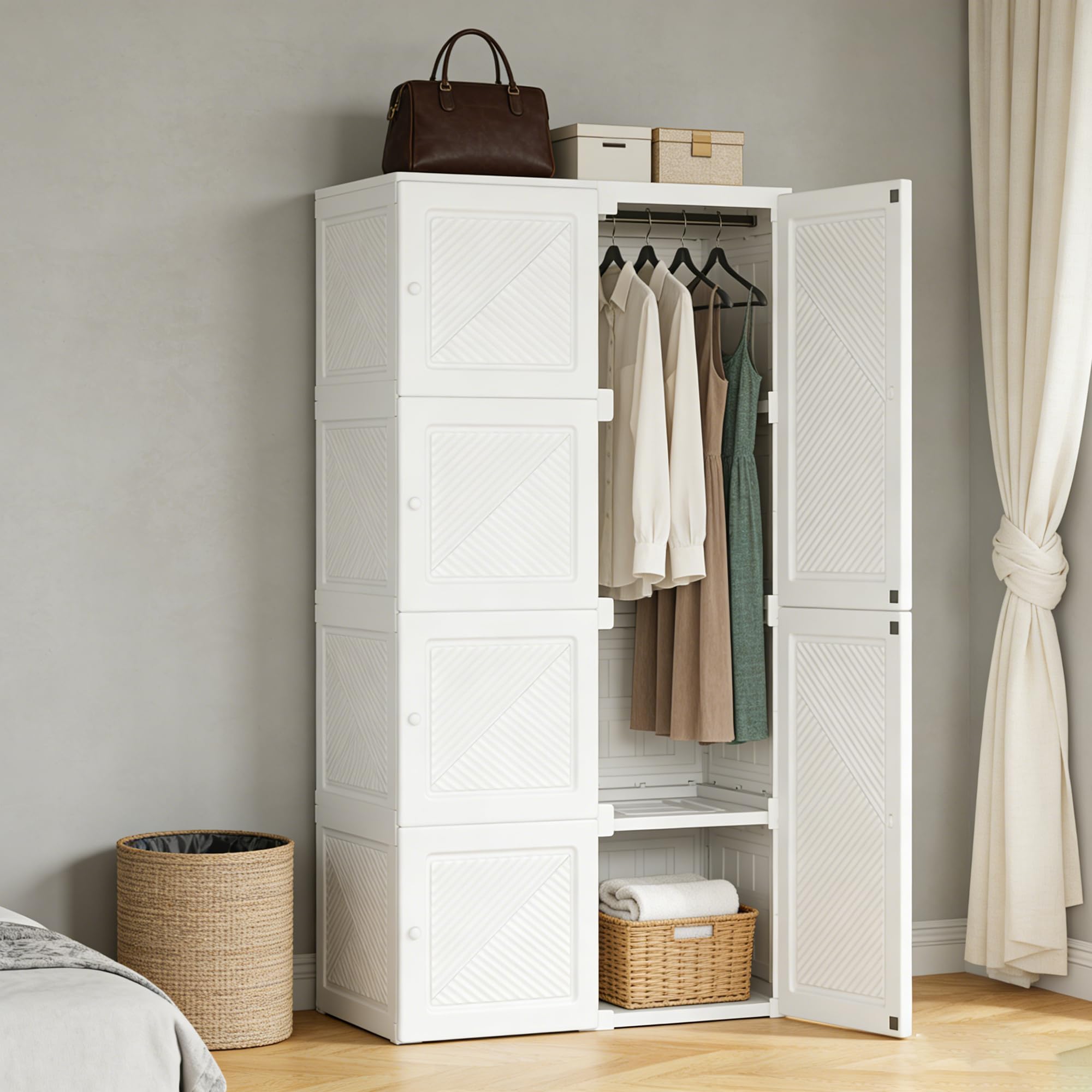 Armadio per camera da letto, 69 x 50 x 136 cm, 5 scomparti portaoggetti, armadi portatili con barra di sospensione e ripiani, stoccaggio bianco (50 x 69 x 136 cm)