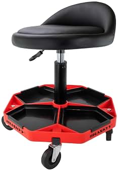 HASKYY Taburete de Taller con Respaldo, Altura Regulable de 43 a 58 cm, Taburete Giratorio para con Ruedas de 360 °, hasta 150 kg, Asiento de Taller con Compartimentos de Almacenamiento