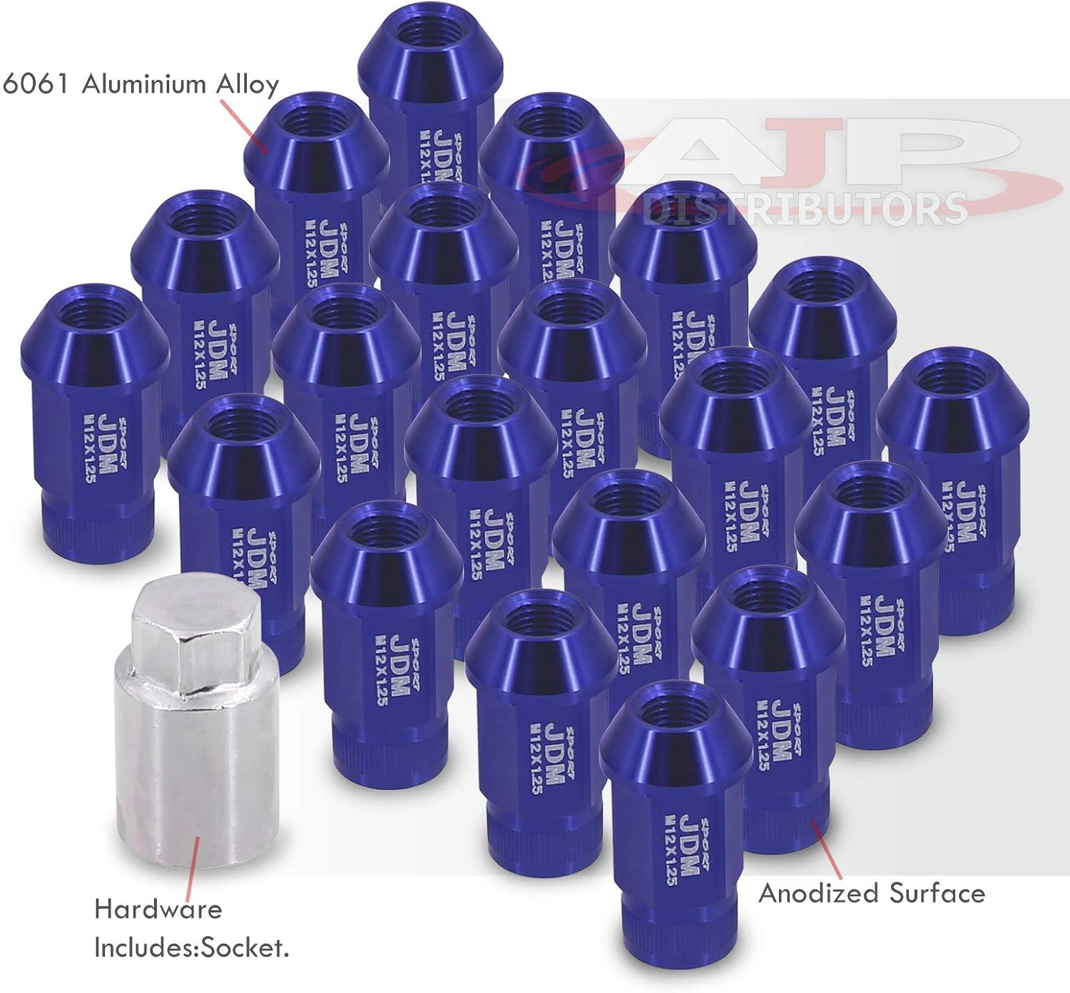 AJP Distributors Universal JDM Sport M12 X 1.25MM Thread Pitch 20-Pieces Hexagonal T-6061 Aluminum Open End Wheels Rims Tuner Lug Nuts Set Kit Anodized Blue with Socket Adapter Key