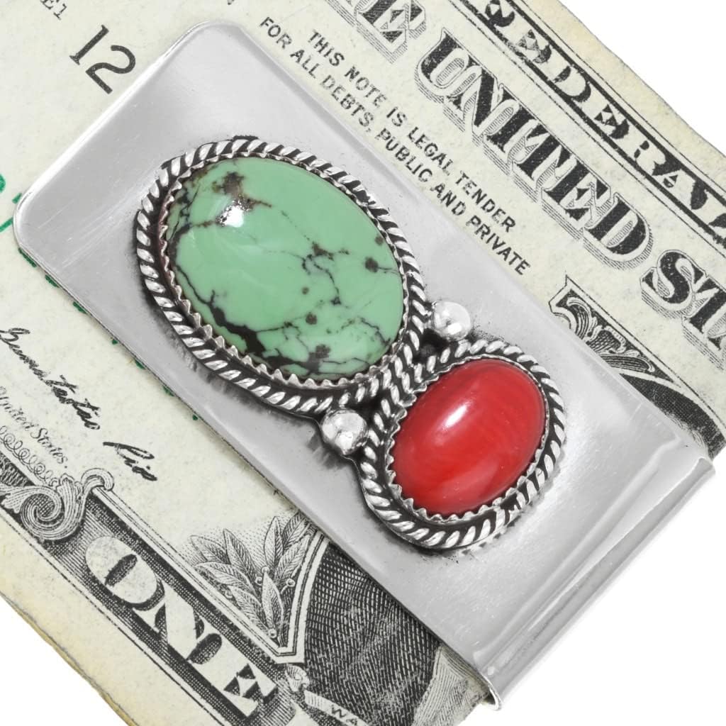 Alltribes Navajo Turquoise Coral Silver Money Clip Twist Wire Wrap on Silver Clamp 0502