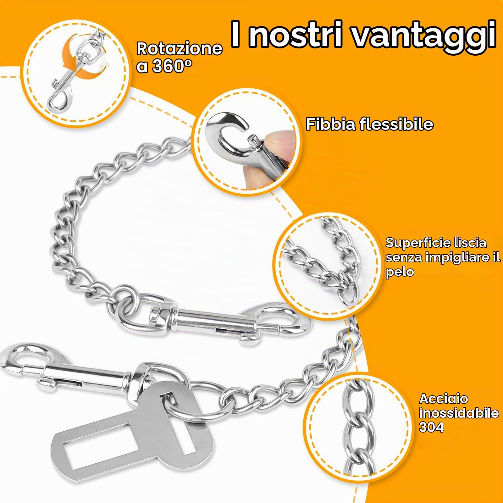 EFUTURETIME Cintura di Sicurezza per Cani Auto 53cm, Cintura Cane Auto Antimorso in Acciaio Inox 304, Guinzaglio Auto per Cani 3 in 1 per Fibbia Cintura di Sicurezza, Bagagliaio e ISOFIX
