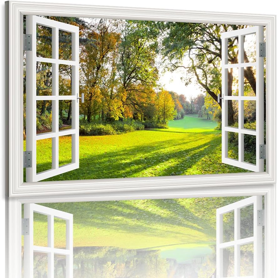 3D Open Window Scenes Framed Wall Art Sunshine Garden Park Green Trees Forest Canvas Art Wall Decor Natural Landscape Art Painting for Living Room Dorm Bedroom Home Office Decorations - 12x16 inches