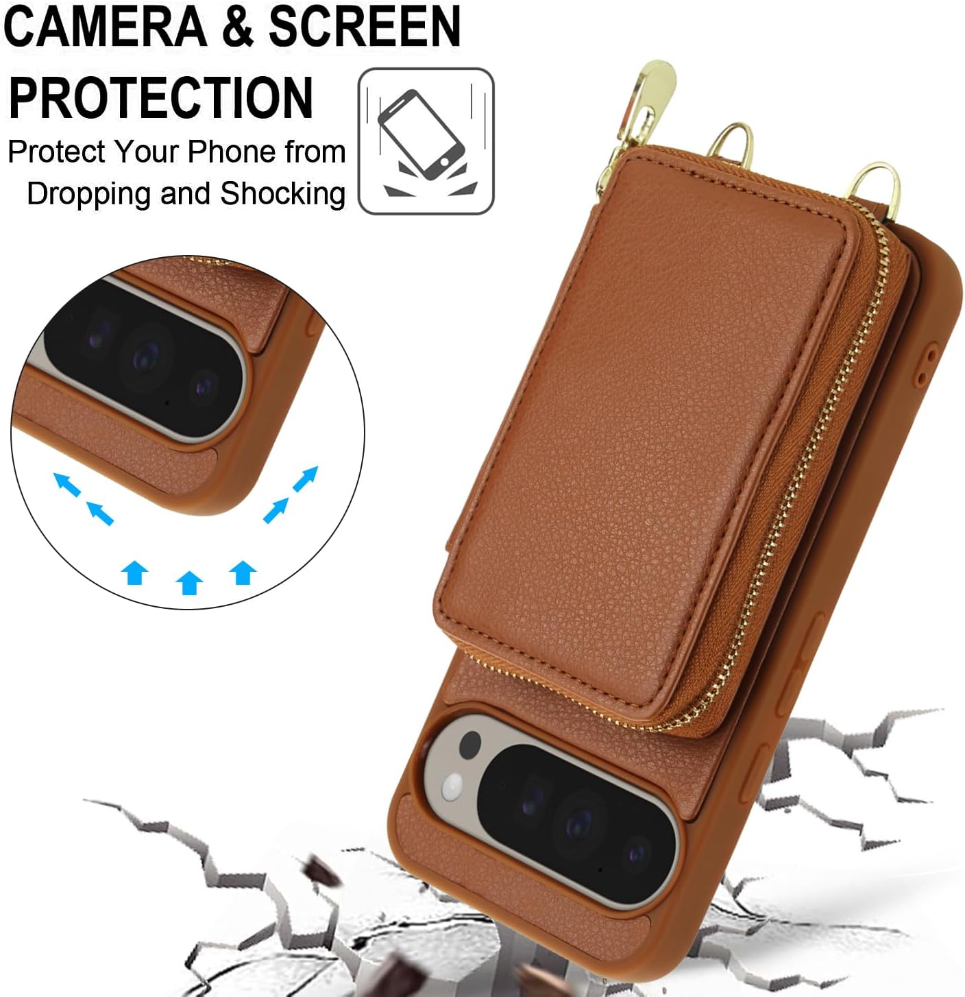 Phone Case for Google Pixel 9/9 Pro 5G Wallet Cell Cover with Tempered Glass Screen Protector Wrist Crossbody Strap Lanyard Stand RFID Blocking Credit Card Holder Pixel9 9Pro Nine Women Girls Brown