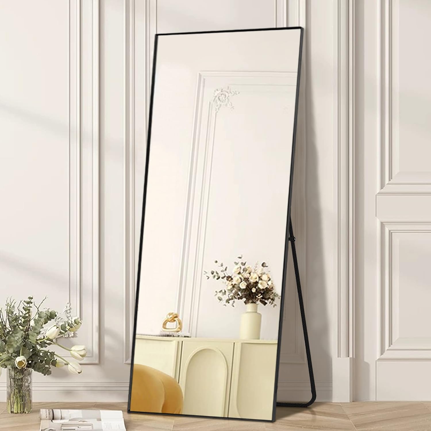Full-Body Mirror, Large, Aluminum Frame, Standing, Standing Mirror, Full Body, Stylish, Shatterproof, 59.1 x 19.7 inches (150 x 50 cm), Black