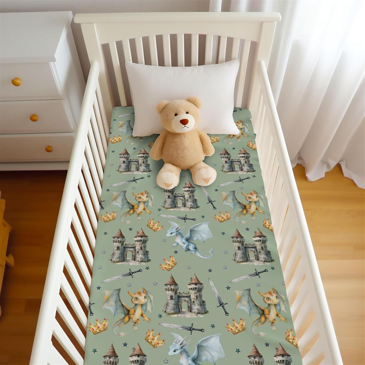 Fairytale Dragon Castle Fitted Baby Crib Sheet for Boys Girls 52x28Inch Breathable Cute Dragons Crown Stars Baby Sheet for Standard Crib and Toddler Bed Mattress Nursery Bed Dragon One Size