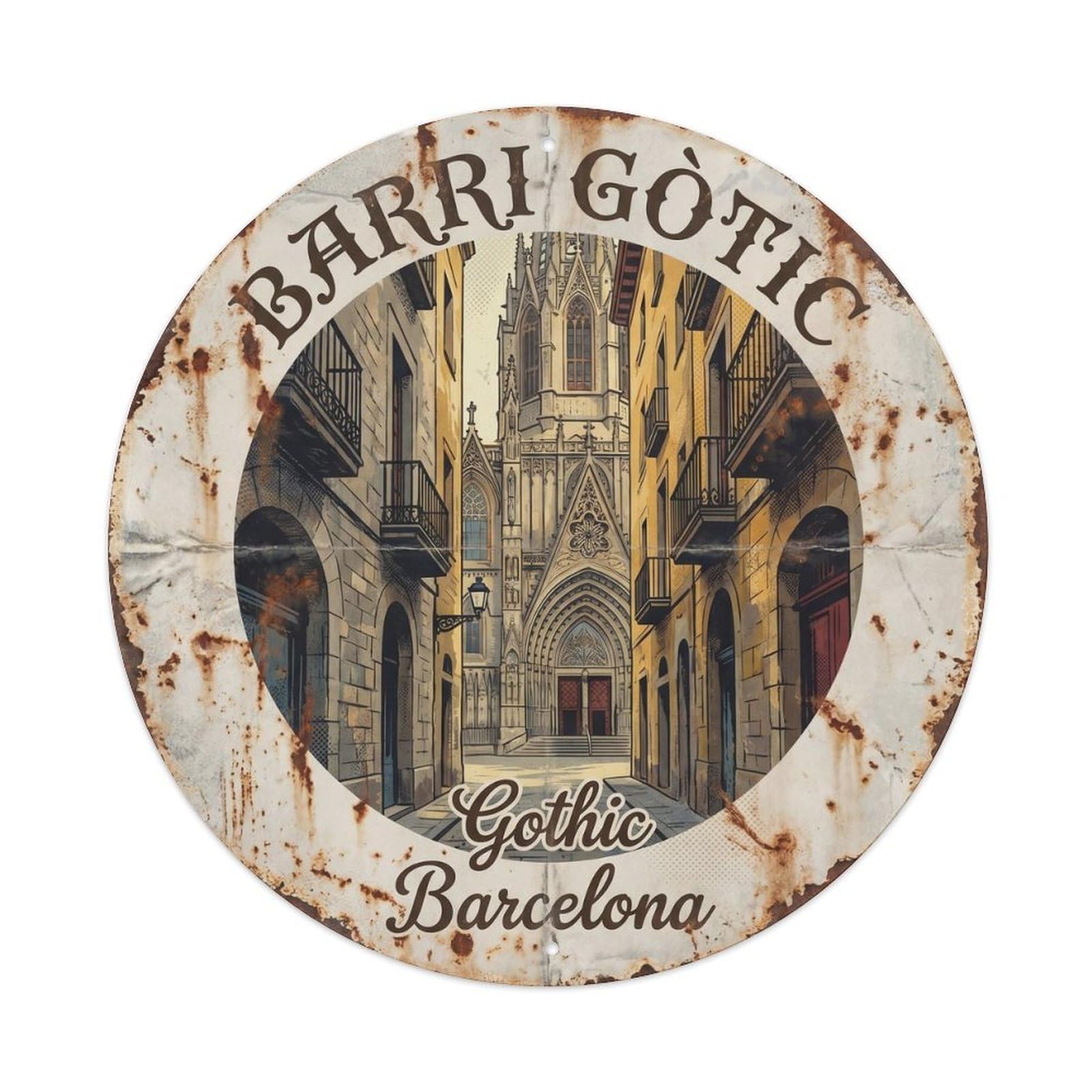 Vintage Travel Barcelona Gothic Quarter 2 Metal Tin Sign Plaque Wall Decor for Cafe, Club, Garden Round Metal Poster 8x8Inch