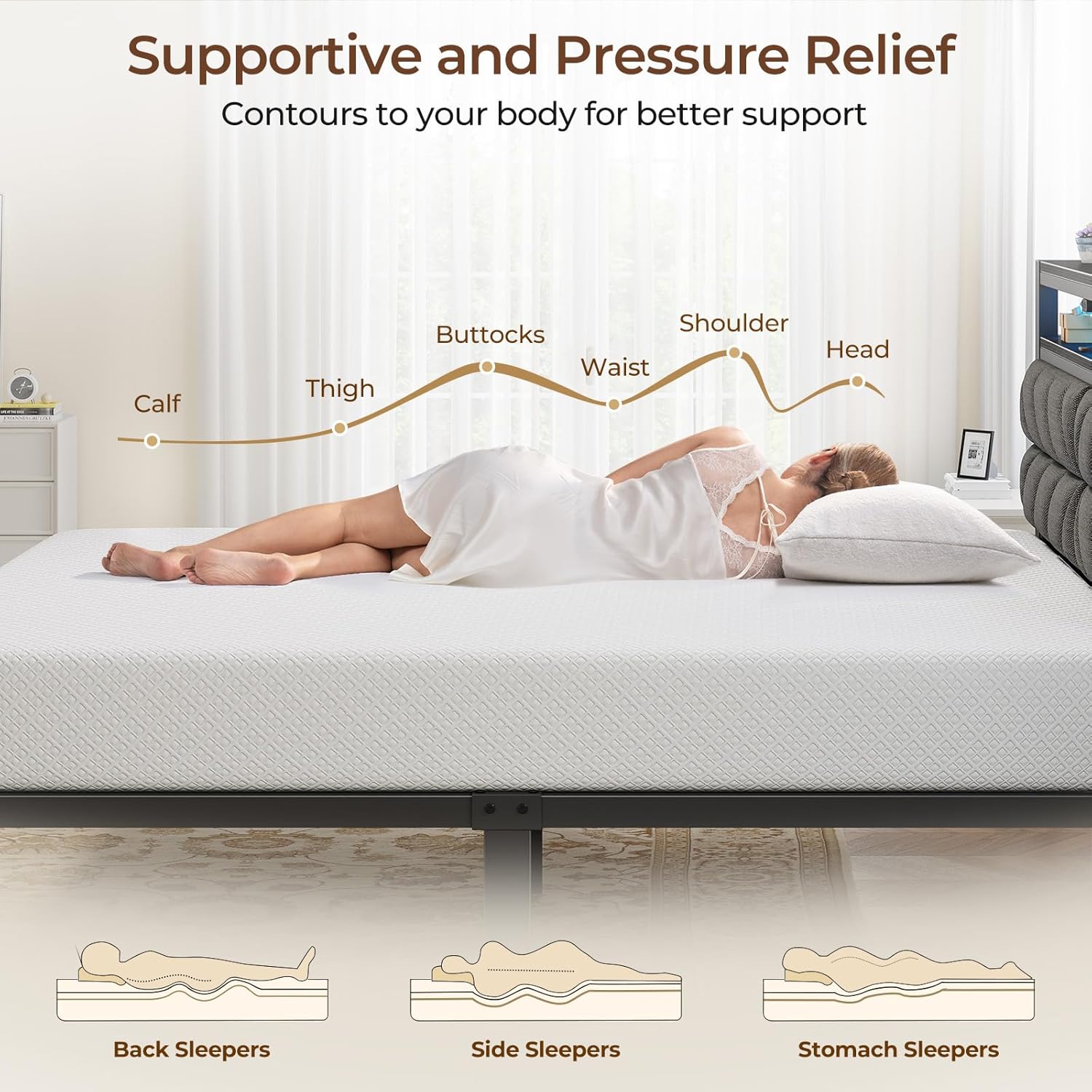 Seventable Bed Frame Queen Size with Charging Station, LED Bed with Upholstered Storage Headboard - 8 Inch Gel Memory Foam Mattress, Fiberglass Free, Breathable & Pressure Relief