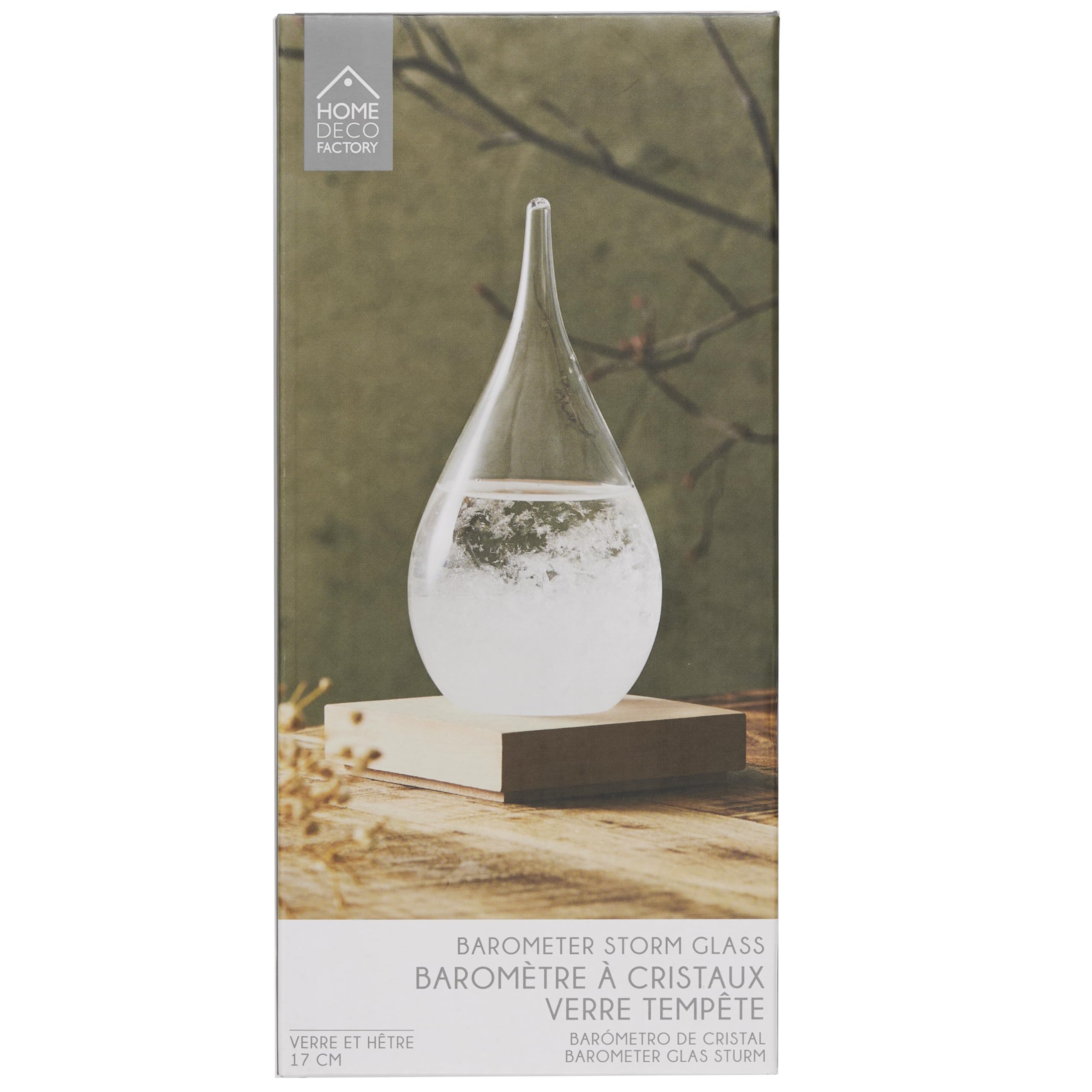 HOME DECO FACTORY, HD0384, Tempest Glass H17 cm - Elegancki i funkcjonalny przedmiot dekoracyjny, oryginalny barometr z kryształkami, drewniana podstawa
